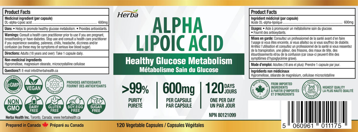 Herba Alpha Lipoic Acid 600mg – 120 Capsules | >99% Ultra Pure | Made in Canada | Blood Sugar Support Supplement 🍁 All In One Marketplace Canada