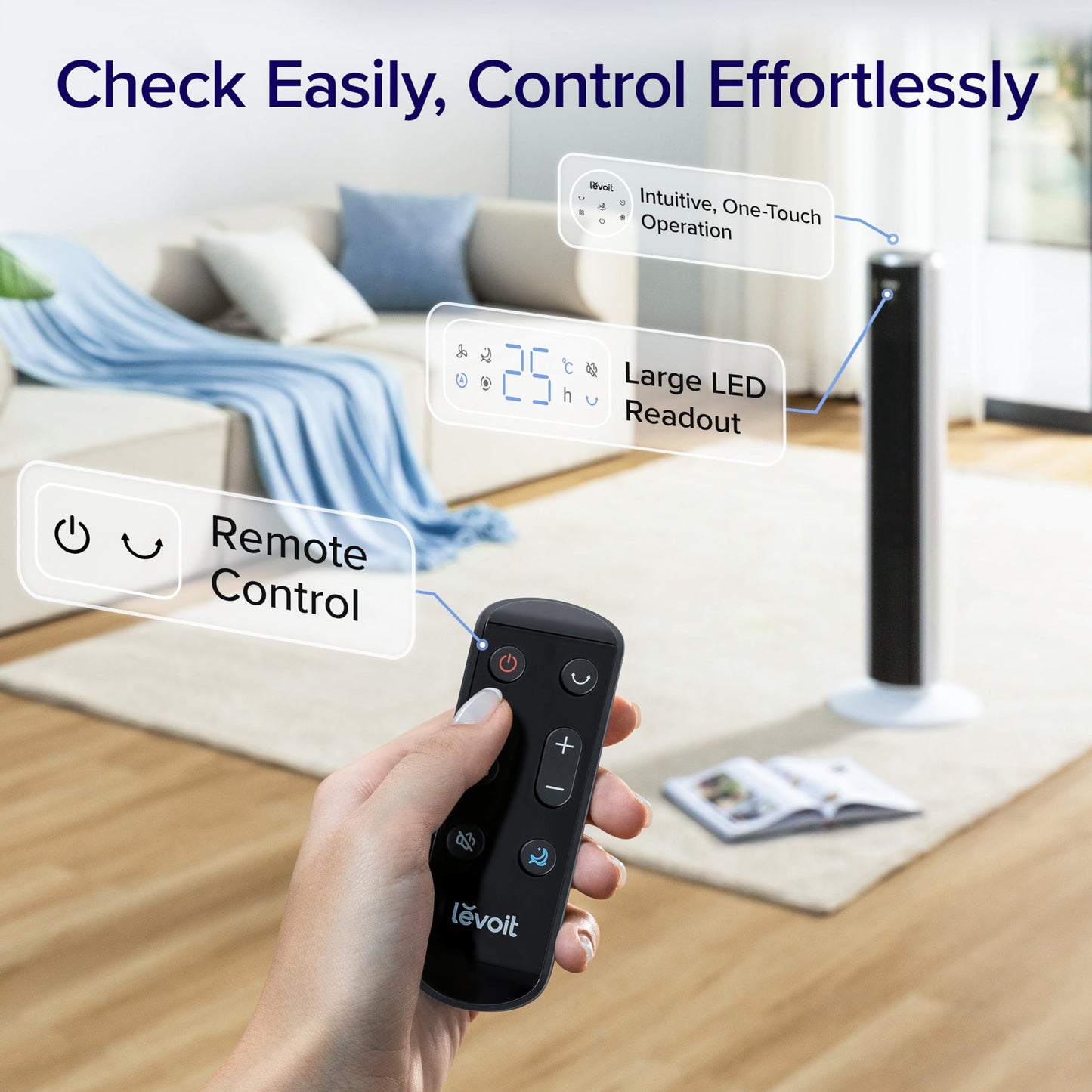 Levoit 25dB Tower Fan for Bedroom, 26ft/s Velocity Standing Fan, 90° Oscillating Cooling Fans for Home, 12 Speeds, LED Display, 4 Modes, 12H Timer, Bladeless, Remote Control, 36 inch 🍁 All In One Marketplace Canada