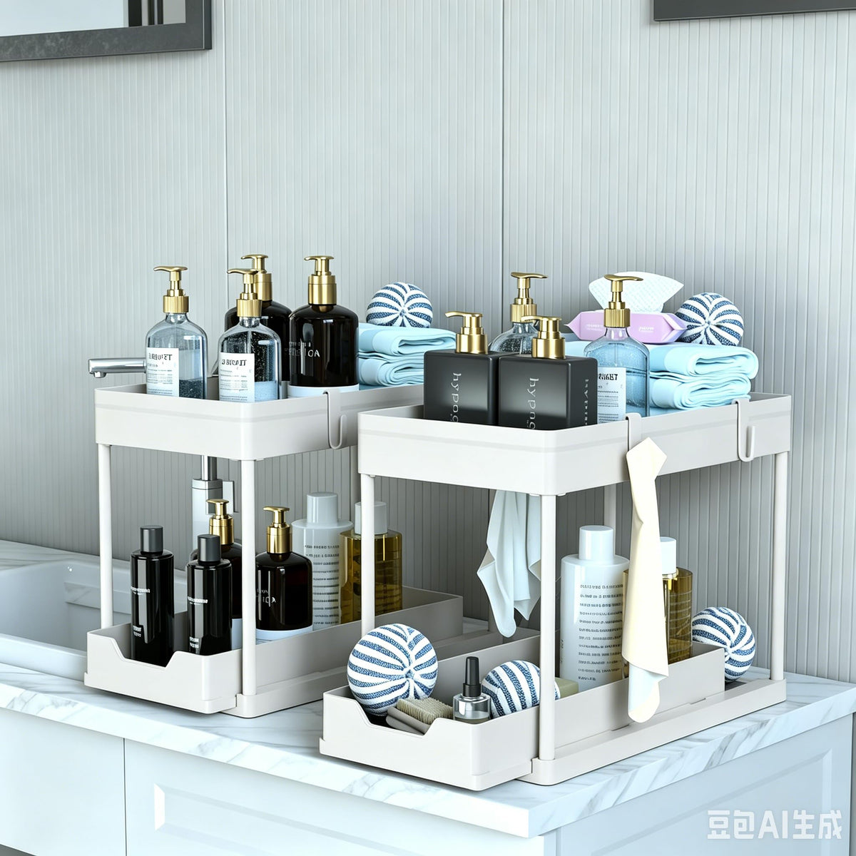 DEKAVA Under Sink Organizer 2 Pack, Bathroom Organizes, 2 Tier Sliding Cabinet Basket Organizer Drawer, Multi-Purpose Bath Collection Baskets for Bathroom (White) 🍁 All In One Marketplace Canada