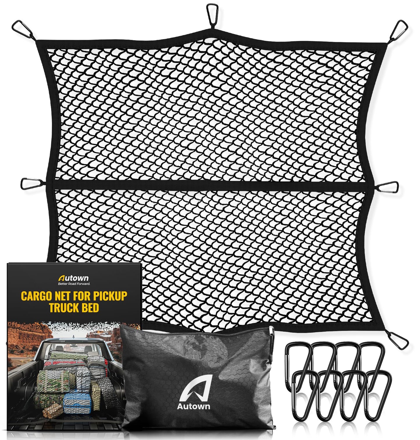 AUTOWN Cargo Net for Pickup Truck Bed - Stretchable 4'x4' to 7'x7', High Elastic Fine Mesh 1''x1'' with 8 Metal Carabiners - Ideal for ATV, SUV, UTV, Truck and Boat Use (Single Layer) 🍁 All In One Marketplace Canada