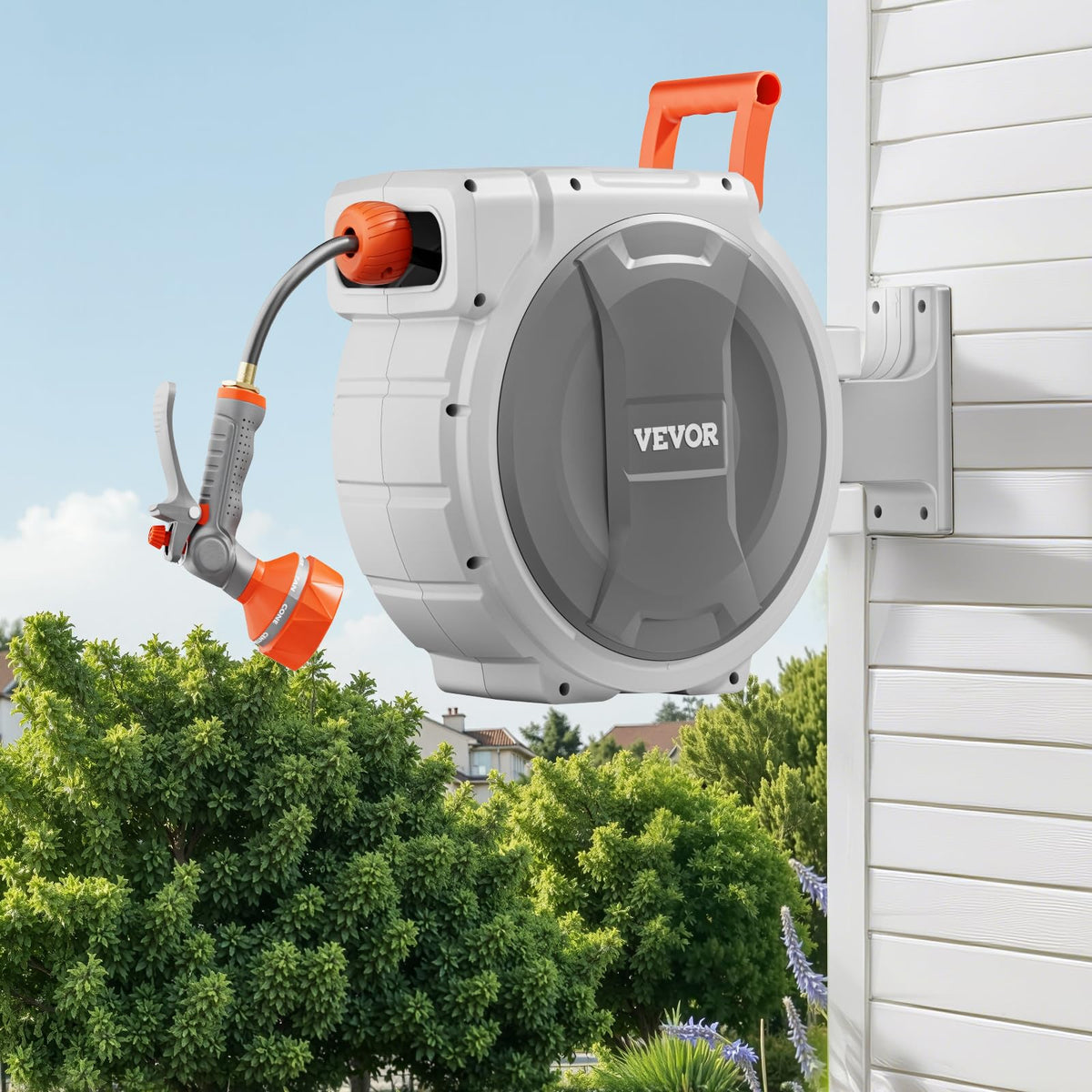 VEVOR Retractable Garden Hose Reel, 1/2 Inch x 84 ft Wall Mounted Hose Reel, Heavy Duty Garden Hose Reel with 9 Patterns Nozzle, Any Length Lock, Upgraded Slow Return System and 180°Swivel Bracket 🍁 All In One Marketplace Canada