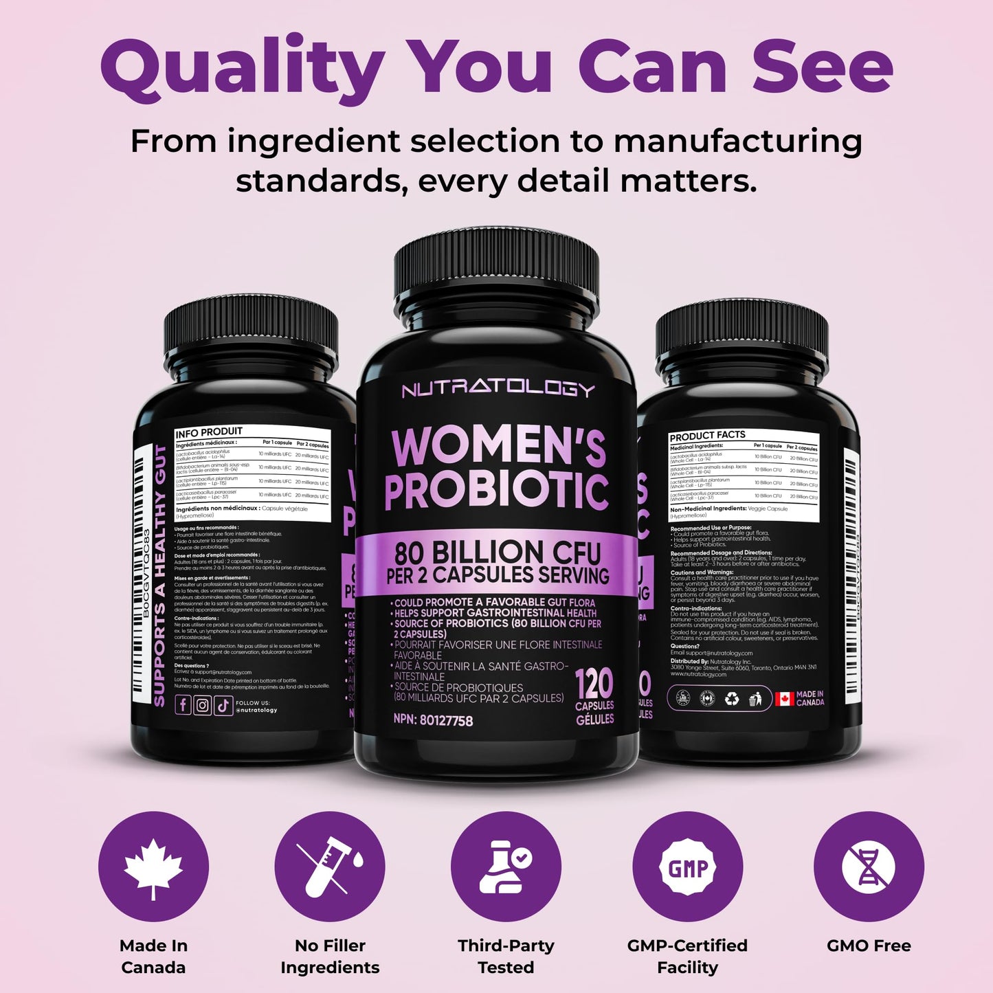 Nutratology® Probiotics for Women | Canadian-Made | 40 Billion CFUs Per Capsule | 80 Billion CFUs Per Serving - Bloating Relief & Digestion - 4 Strains of Women's Probiotic for Gut Health -120 Count 🍁 All In One Marketplace Canada