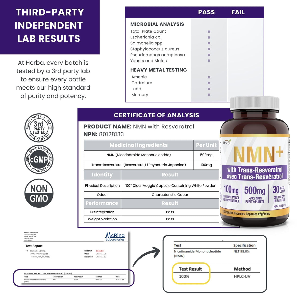 Herba NMN Supplement with Resveratrol – 500mg + 100mg | 100% Purity β-NMN & >99% Resveratrol | NAD Supplement Canada Made | NAD+ Precursor | 30 Capsules 🍁 All In One Marketplace Canada
