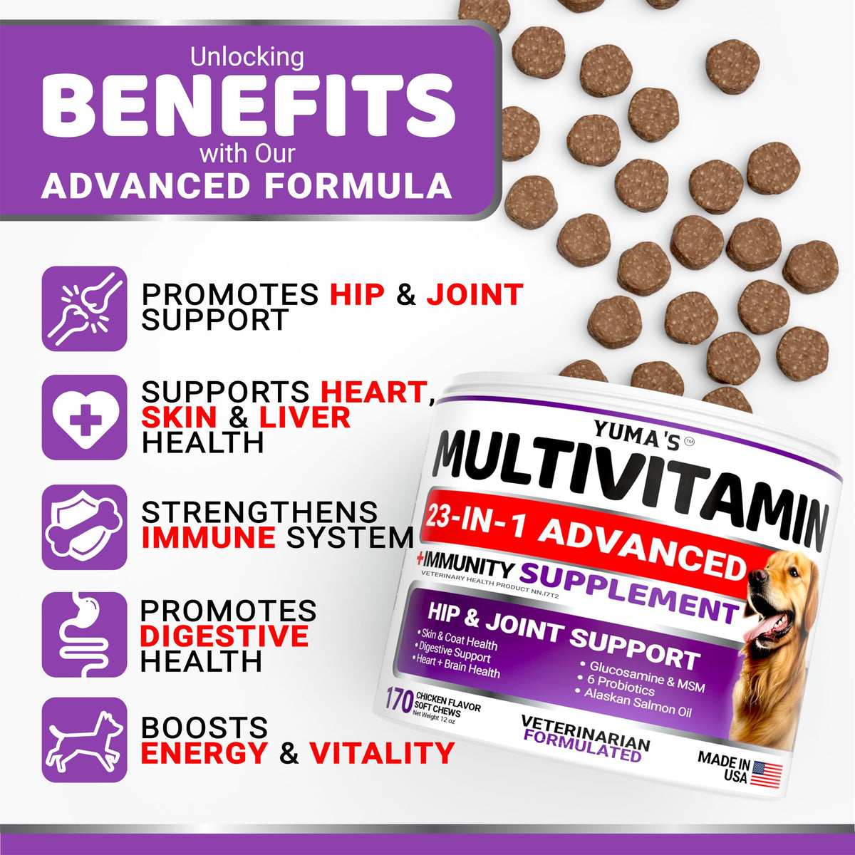 Dog Multivitamin Chewable with Glucosamine - 170 Chews - Dog Vitamins and Supplements 23 in 1 - Senior & Puppy Multivitamin for Dogs - Hip & Joint Support - Immune Health, Skin, Digestion 🍁 All In One Marketplace Canada