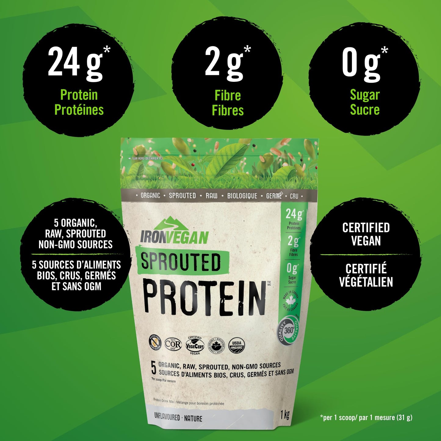 Sprouted Protein, Unflavoured, 1kg | Vegan, plant-based, organic, gluten-free, Beige 🍁 All In One Marketplace Canada