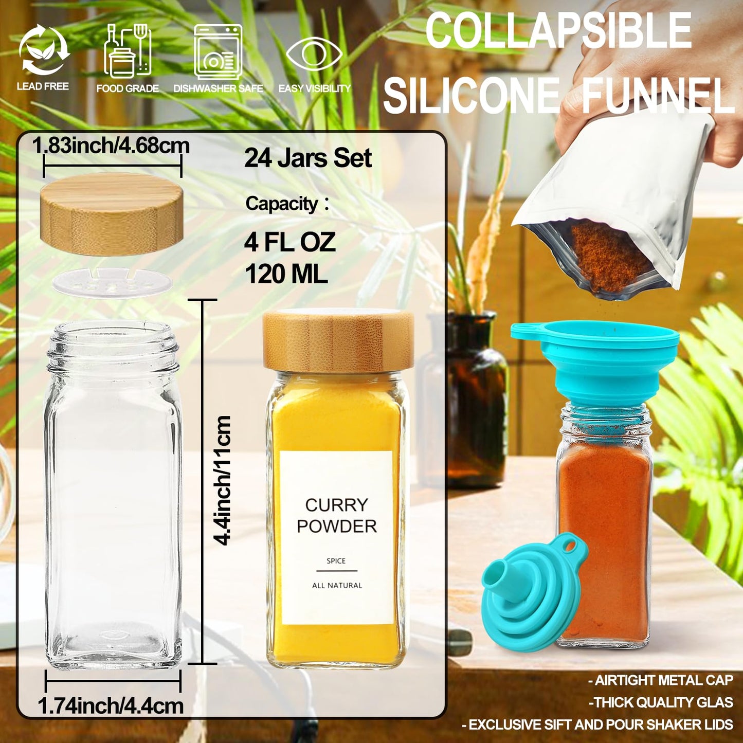 AISIPRIN 24 Pcs Glass Spice Jars with Bamboo Airtight Lids and 398 Labels, 4oz Empty Square Containers Seasoning Storage Bottles - Shaker Lids, Funnel, Brush and Marker Included 🍁 All In One Marketplace Canada