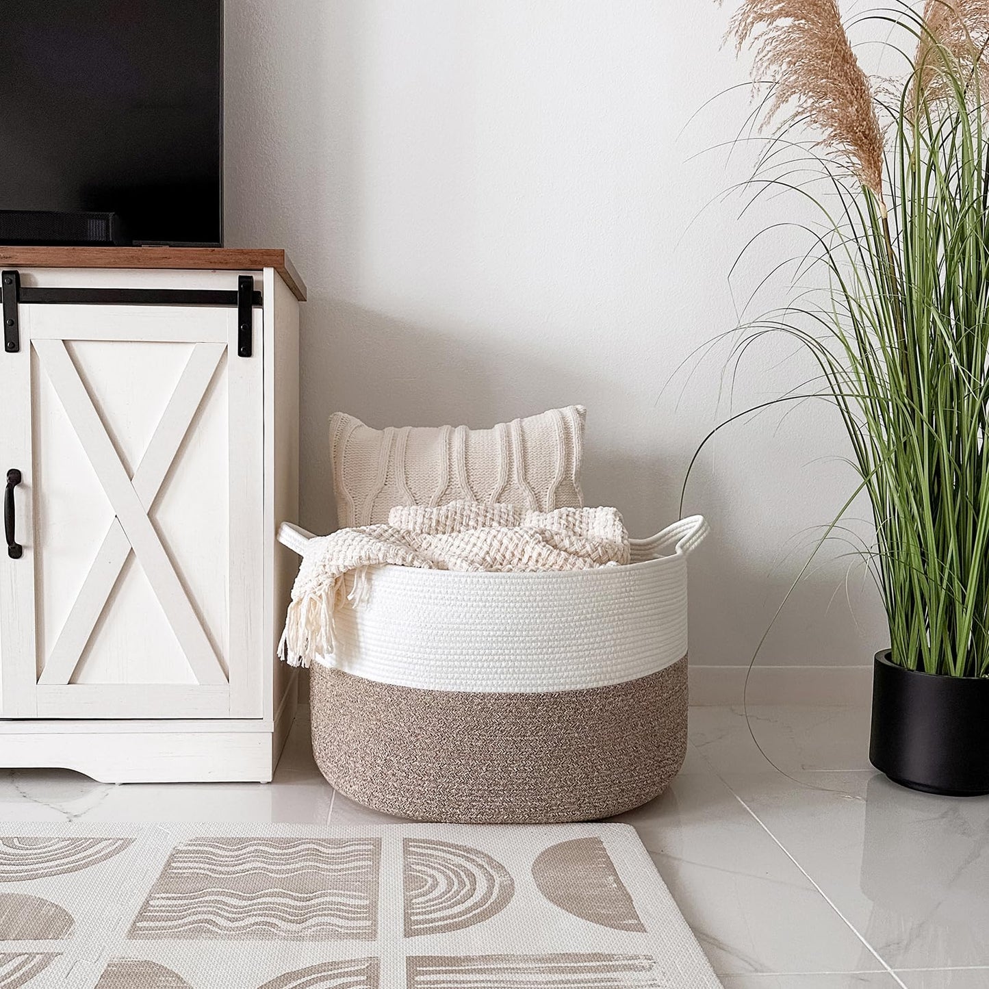 INDRESSME XXXLarge Cotton Rope Basket 21.7" x 21.7" x 13.8" Woven Laundry Basket for Blankets, Storage Basket with Handle Comforter Cushions Storage Bins Thread Laundry Hamper 🍁 All In One Marketplace Canada