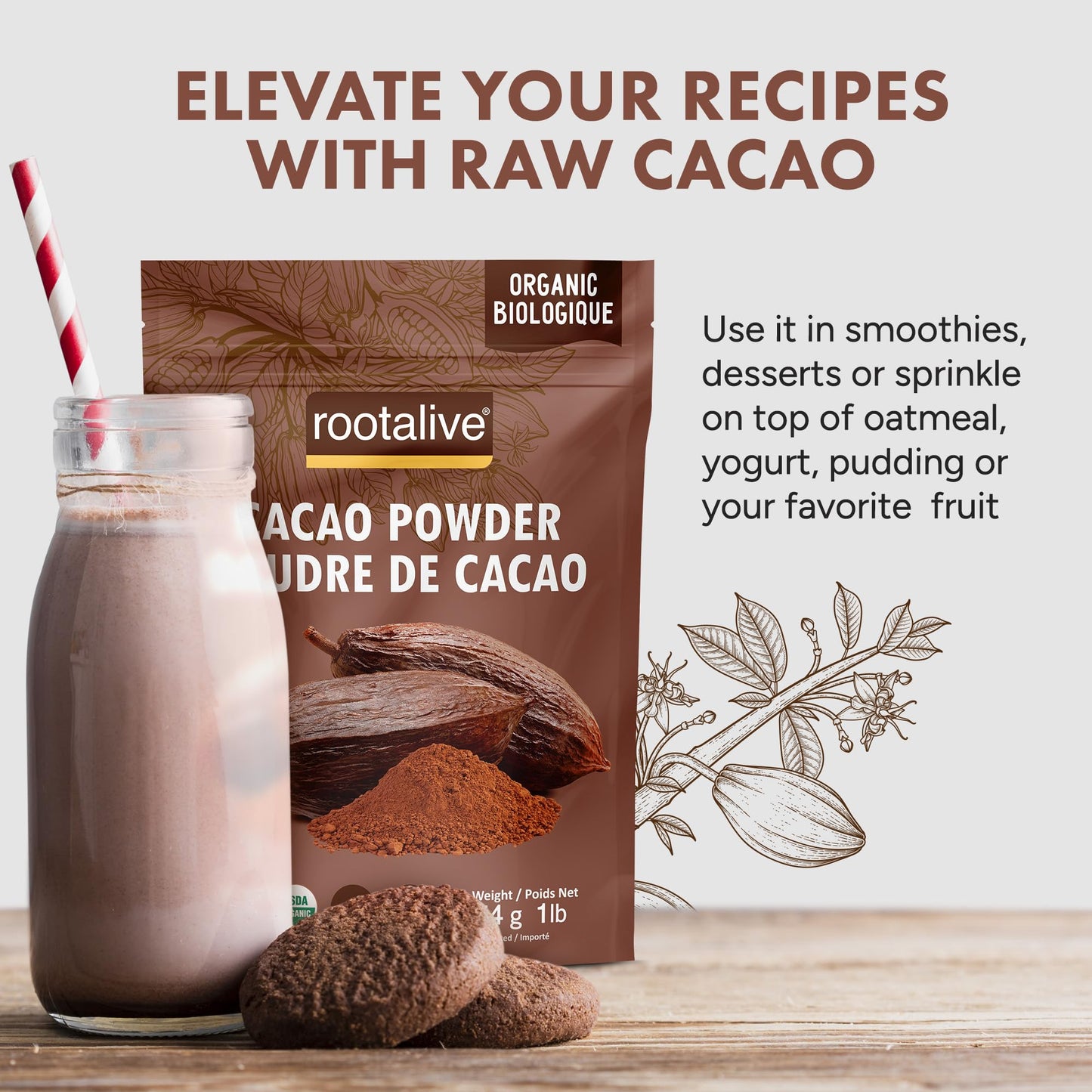 Rootalive Organic Raw Cacao Powder 454g (1lb), Premium Unroasted Cacao Bean powder in a Resealable Bag, Raw, Unsweetened, Vegetarian and Gluten-Free 🍁 All In One Marketplace Canada