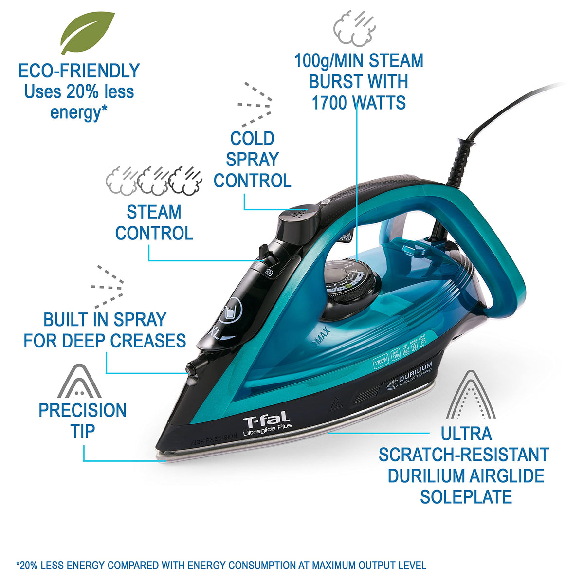 T-Fal Ultraglide Steam Iron for Clothes Durilium Soleplate, Precision Tip, Anti-Drip, Auto-Off 1800 Watts Ironing, Steaming 🍁 All In One Marketplace Canada