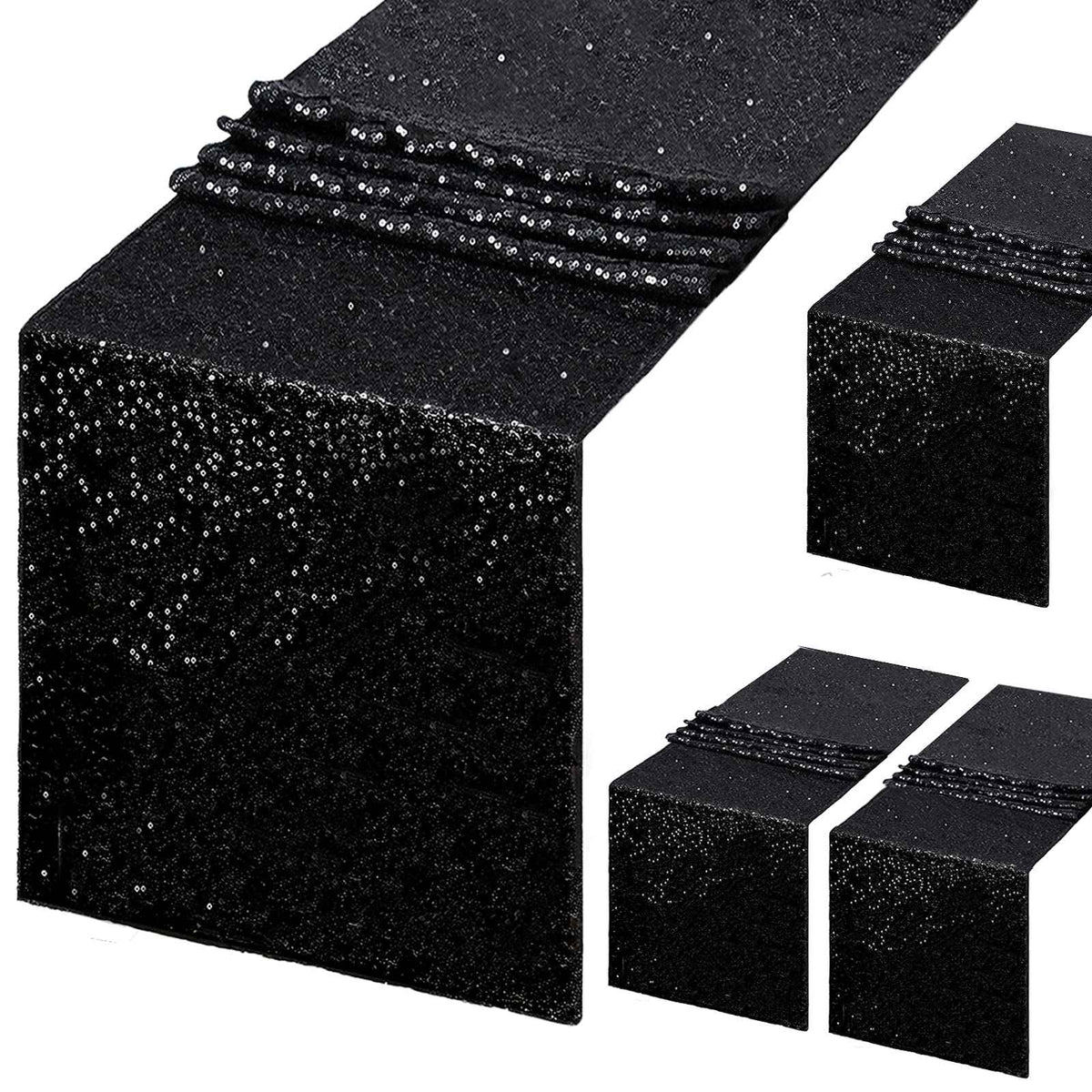 B-COOL Black Sequin Table Runner 4 Pack 12x72Inch Glitter Halloween Decoration Sparkly Black Table Fabric for Graduation Holiday Birthday Outdoor Dining Party Decoration
