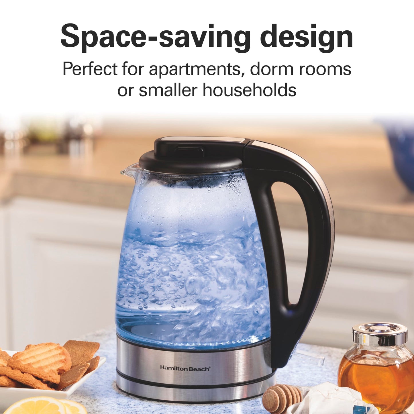 Hamilton Beach Glass Electric Kettle, 1 L, 1500W Fast Boiling Water Boiler, Cordless, Soft Blue LED Light, Auto Shutoff & Boil-Dry Protection, BPA-Free, Compact Size (40930JC) 🍁 All In One Marketplace Canada