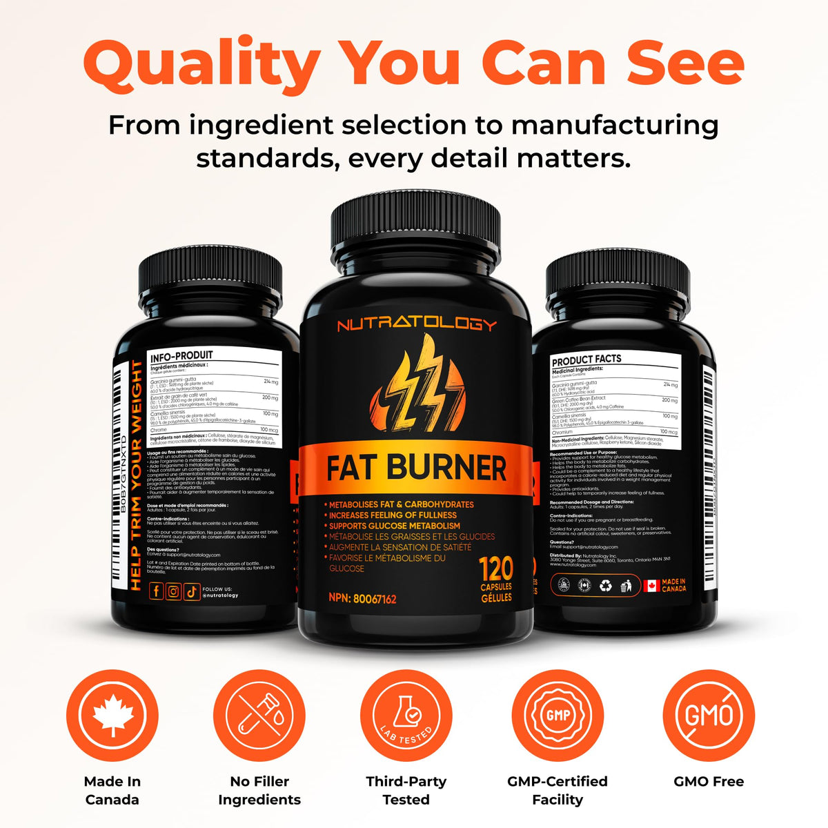 Nutratology® Thermogenic Fat Burner | Canadian-Made | Metabolizes Carbohydrates & Fats - Appetite Suppressant That Helps Satiety - Weight Loss Pills for Women & Men - Keto-Friendly - 120 Capsules 🍁 All In One Marketplace Canada