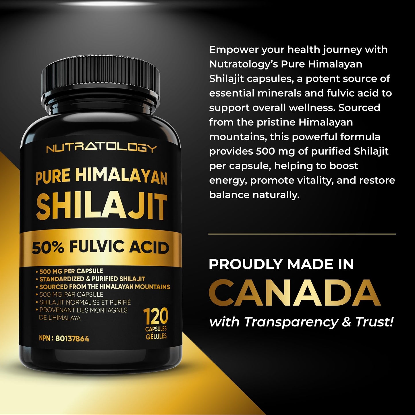 Nutratology® Pure Shilajit Capsules | 50% Fulvic Acid | High Potency & Purity - Sourced from the Himalayan Mountains - Shilajit for Men & Women - 120 Count 🍁 All In One Marketplace Canada