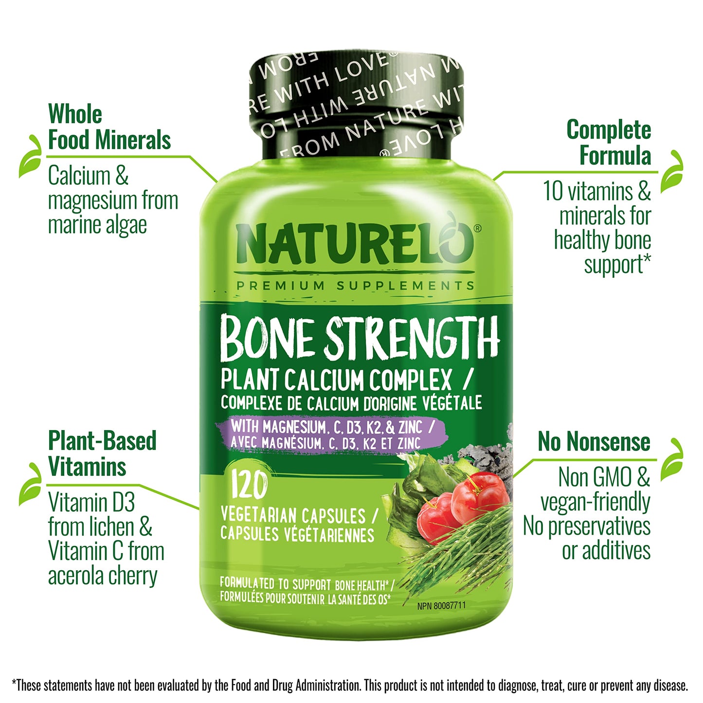 NATURELO Calcium Supplement with Vitamin C, D3, K2, Magnesium & Zinc for Bone Strength, 120 Vegetarian Capsules, with Plant-Based Calcium 600mg, Non-GMO, Soy & Gluten-Free 🍁 All In One Marketplace Canada