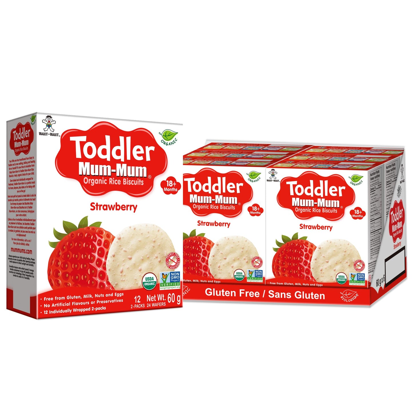 Want-Want Toddler Mum-Mum Rice Rusks, Strawberry, Gluten Free, Allergen Free, Non-GMO, Rice Teether Cookie for Teething Infants, 60gms, 24 Rusks per box - Case pack of 6 🍁 All In One Marketplace Canada