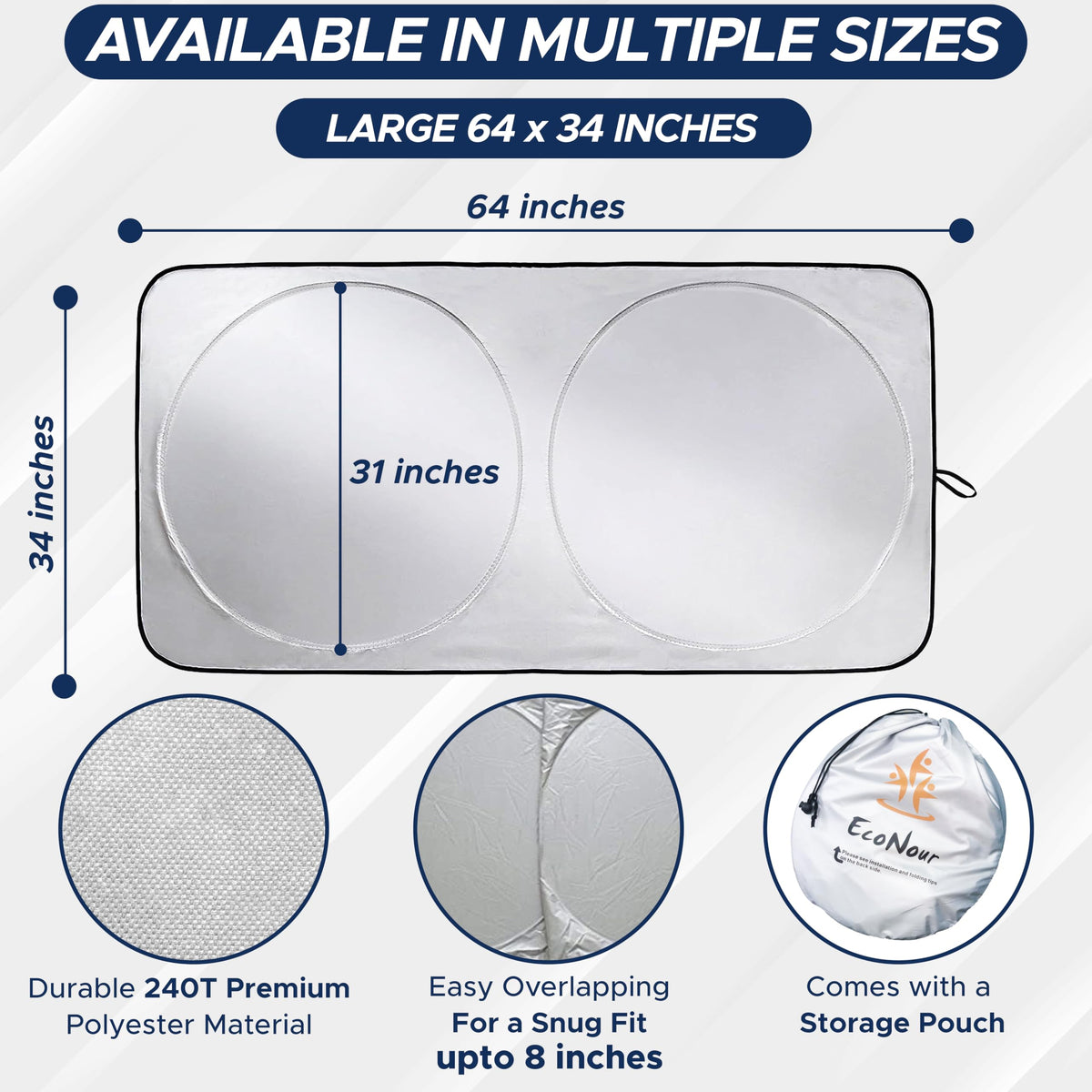EcoNour Car Windshield Sun Shade with Storage Pouch | Durable 240T Material Car Sun Visor for UV Rays, Sun Heat Protection | Car Interior Accessories for Sun Heat | Medium Plus (64 inches x 34 inches) 🍁 All In One Marketplace Canada
