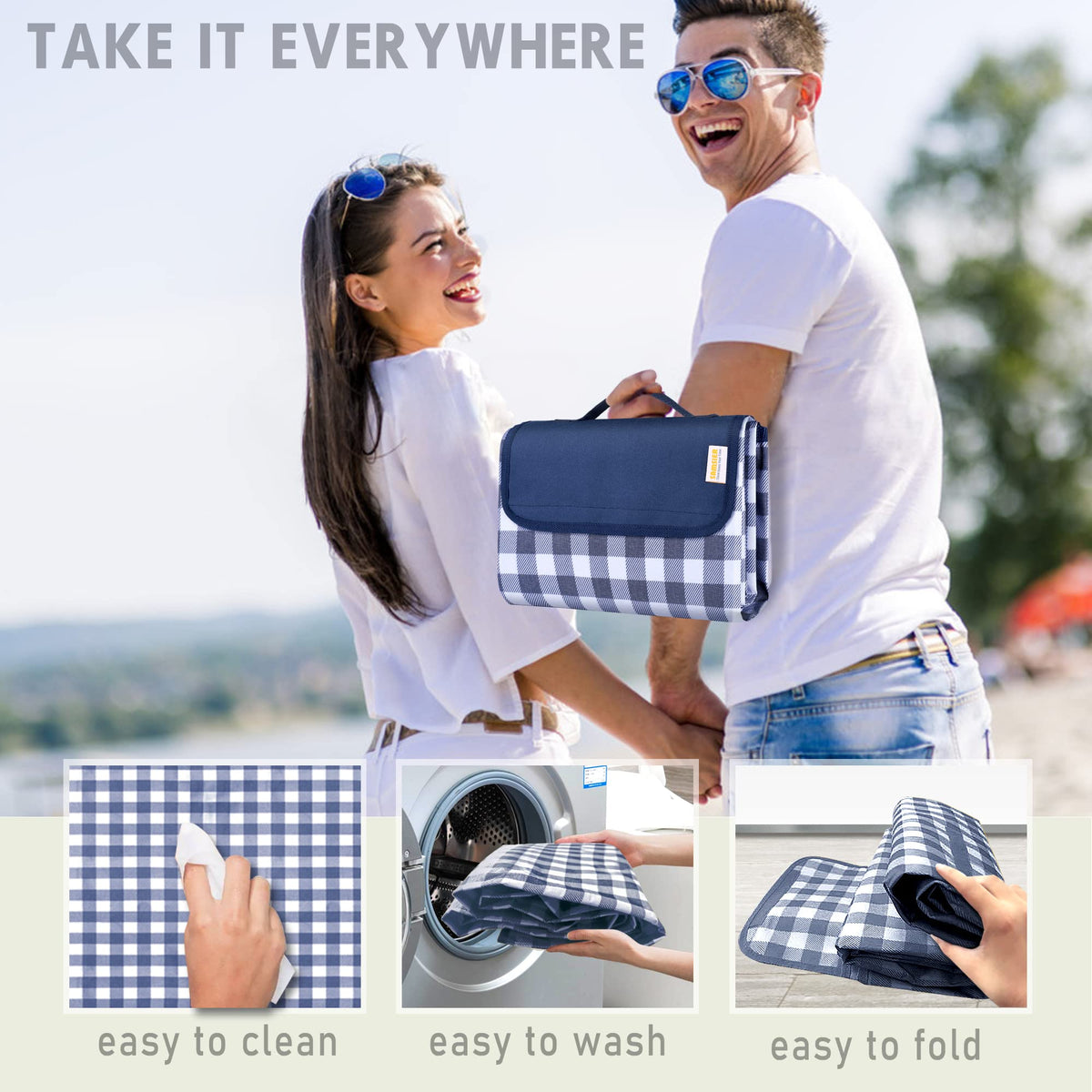 SAMSIER Large Outdoor Picnic Blankets Waterproof Foldable, Beach Blanket Sandproof Portable, Cute Picnic Mat Washable (Navy Blue, 60"×80") 🍁 All In One Marketplace Canada