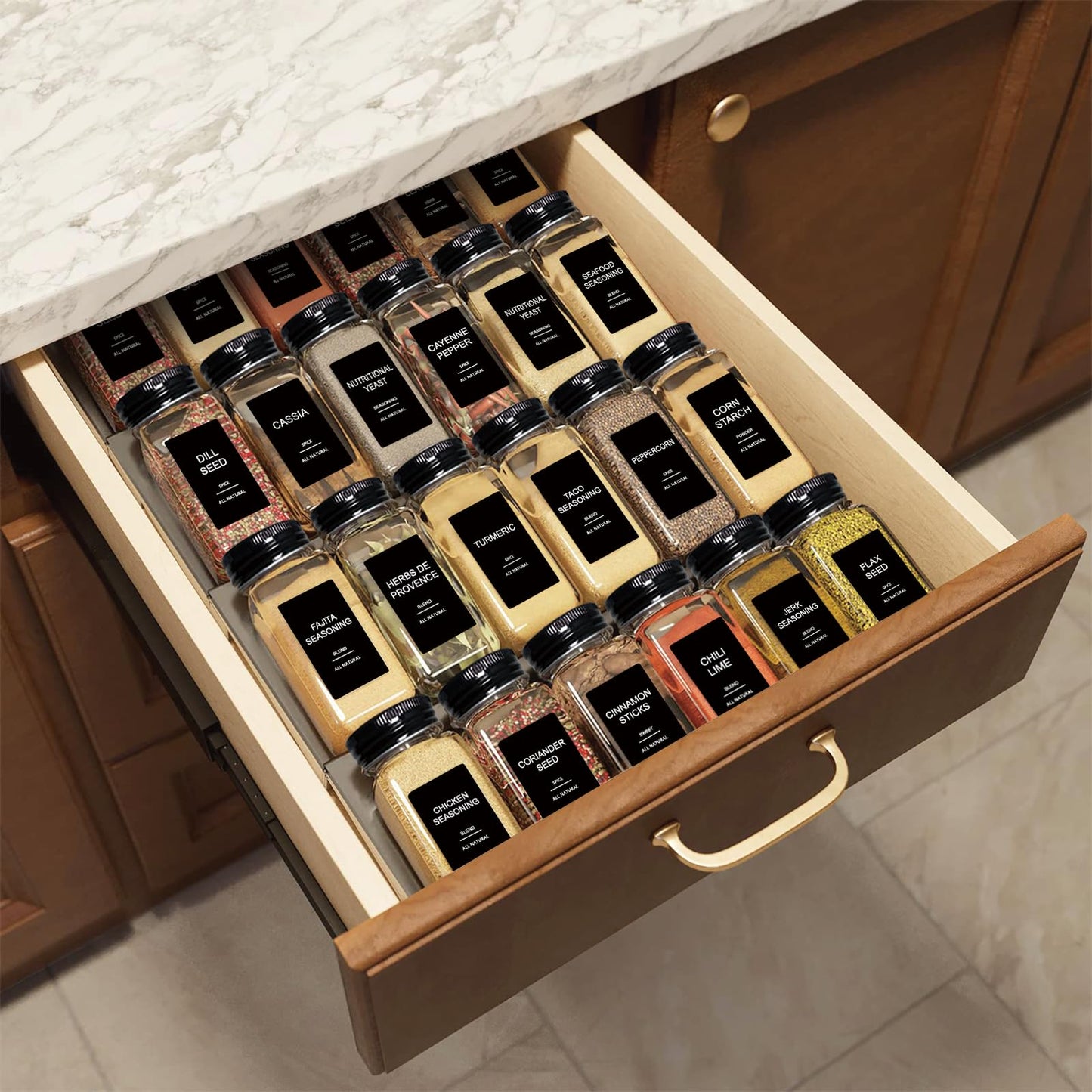 AISIPRIN 24 Pcs Glass Spice Jars with 398 Labels, 4oz Empty Square Containers Seasoning Bottles - Shaker Lids, Funnel, Brush and Marker Included(Black Metal Caps) 🍁 All In One Marketplace Canada