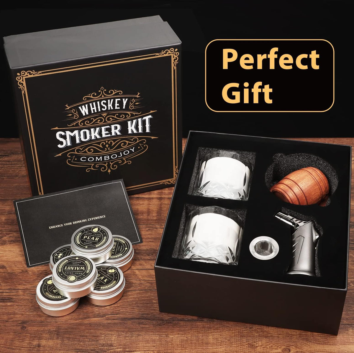Whiskey Smoker Kit with Torch - 6 Flavors Wood Chips, 2 Glasses, 2 Ice Ball Molds - Cocktail Smoker Infuser Kit, Old Fashioned Drink Smoker Kit, Birthday Bourbon Whiskey Gifts for Men,Dad(NO Butane) 🍁 All In One Marketplace Canada