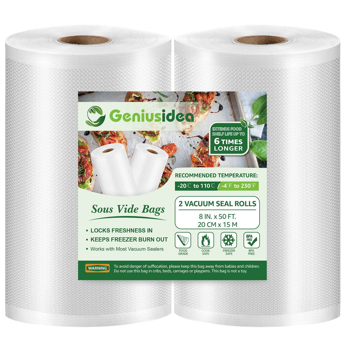 8''x50' Vacuum Sealer Bags for Food Saver (2 Pack), Commercial Grade Sealer Saver Rolls for Meal Prep or Sous Vide, BPA Free, Heavy-Duty 🍁 All In One Marketplace Canada