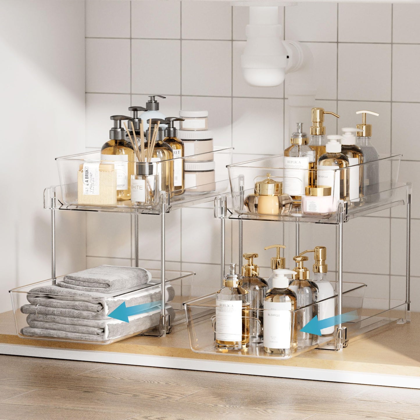 2 Tier Bathroom Organizer, Vtopmart 2 Pack Clear Under Sink Organizers Vanity Counter Storage Container, Medicine Cabinet Drawers Bins, Pull-Out Organization with Track for Pantry, Kitchen 🍁 All In One Marketplace Canada