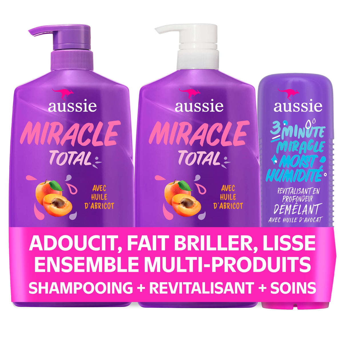 Aussie Total Miracle 3-Piece Set: Shampoo 778 mL, Conditioner 778 mL, 3 Minute Miracle Deep Conditioner Hair Treatment 236 mL, Infused with Apricot and Australian Macadamia Oil, 1.79 L Total 🍁 All In One Marketplace Canada