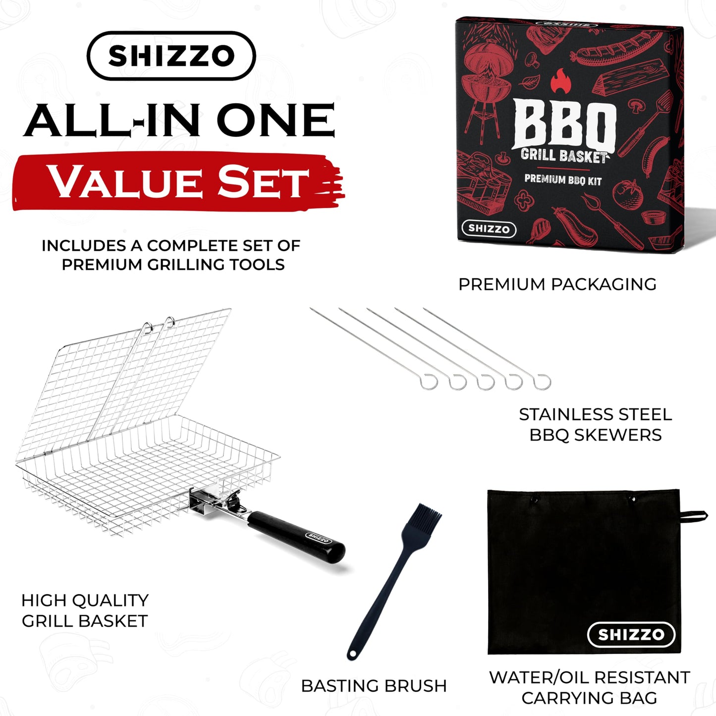 SHIZZO Grill Basket Value Set, Barbecue BBQ Grilling Basket , Stainless Steel Large Folding Grilling baskets With Handle, Portable Outdoor Camping BBQ Rack for Fish, Shrimp, Vegetables, Barbeque Griller Cooking Accessories, Gift, Gifts for father, dad, hu