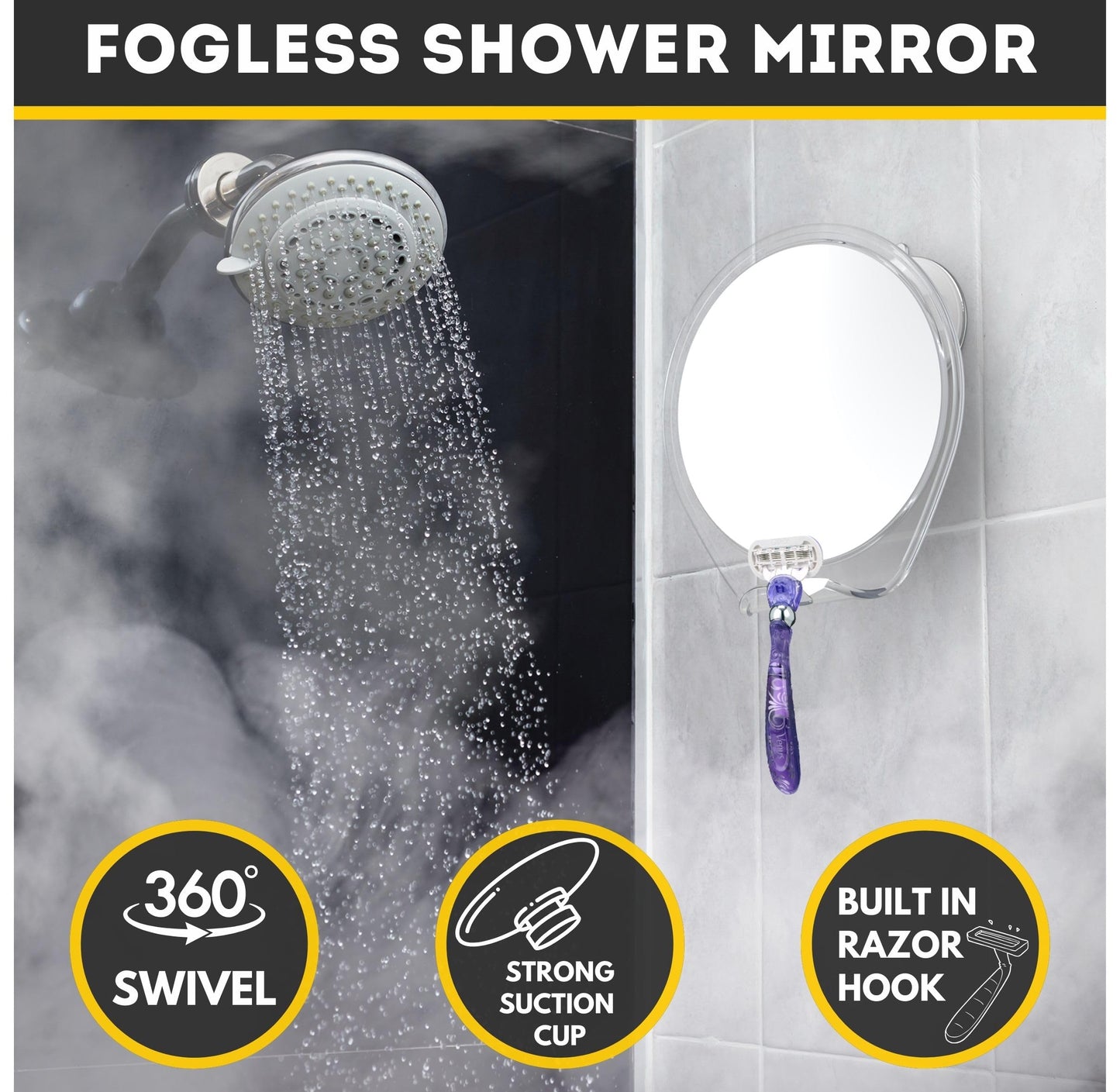 HONEYBULL Fogless Shower Mirror with Suction Mount & Swivel – Anti-Fog Acrylic Bathroom Mirror for Shaving – Built-in Razor Holder, Easy Install, Home Shower Accessory (White) 🍁 All In One Marketplace Canada