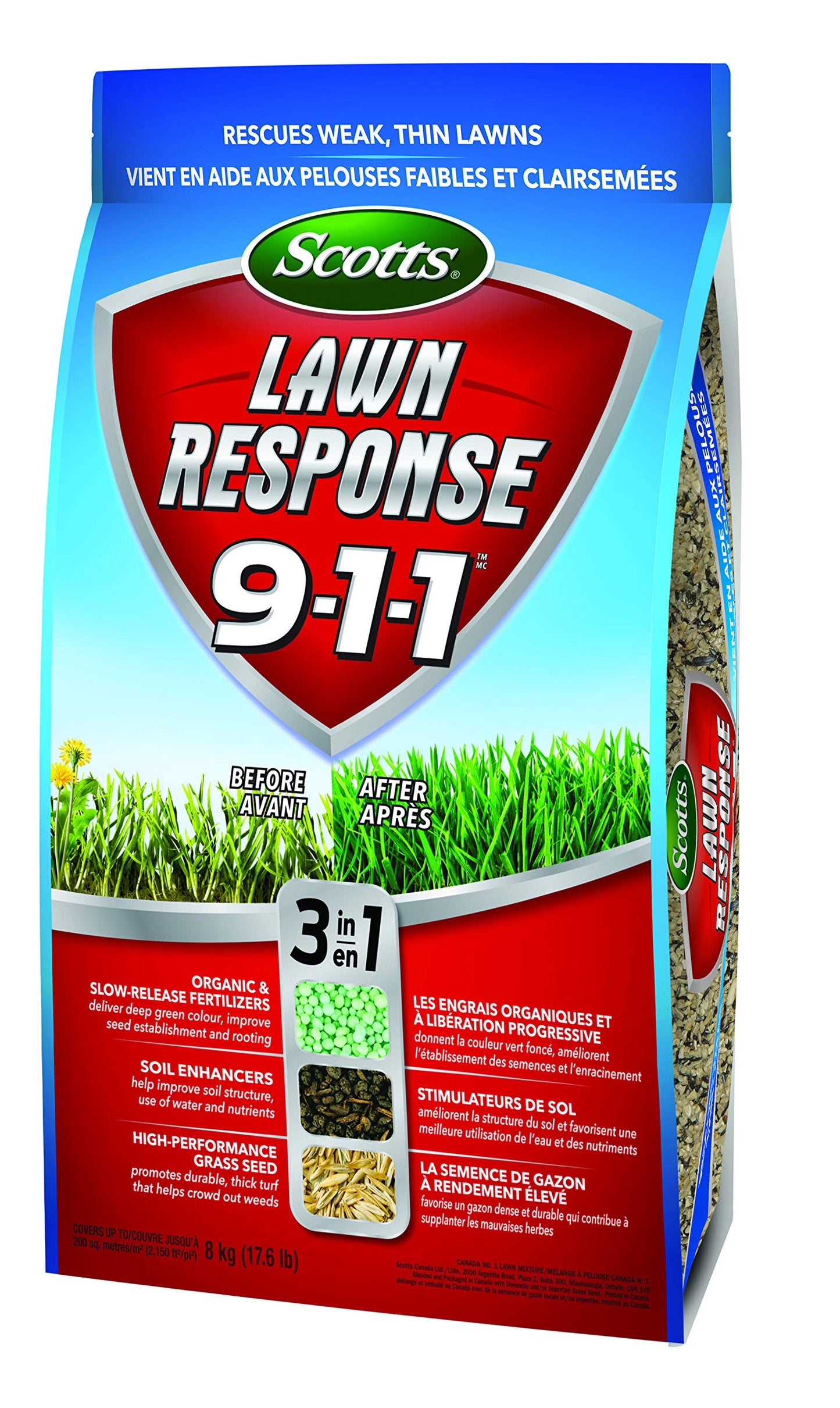 Scotts Lawn Response 9-1-1, 8kg (200 sq Meters / 2,150 sq feet Coverage) | Seed, Fertilizer & Soil Enhancer for Thick, Green Lawns | All-in-one Lawn Solution 🍁 All In One Marketplace Canada