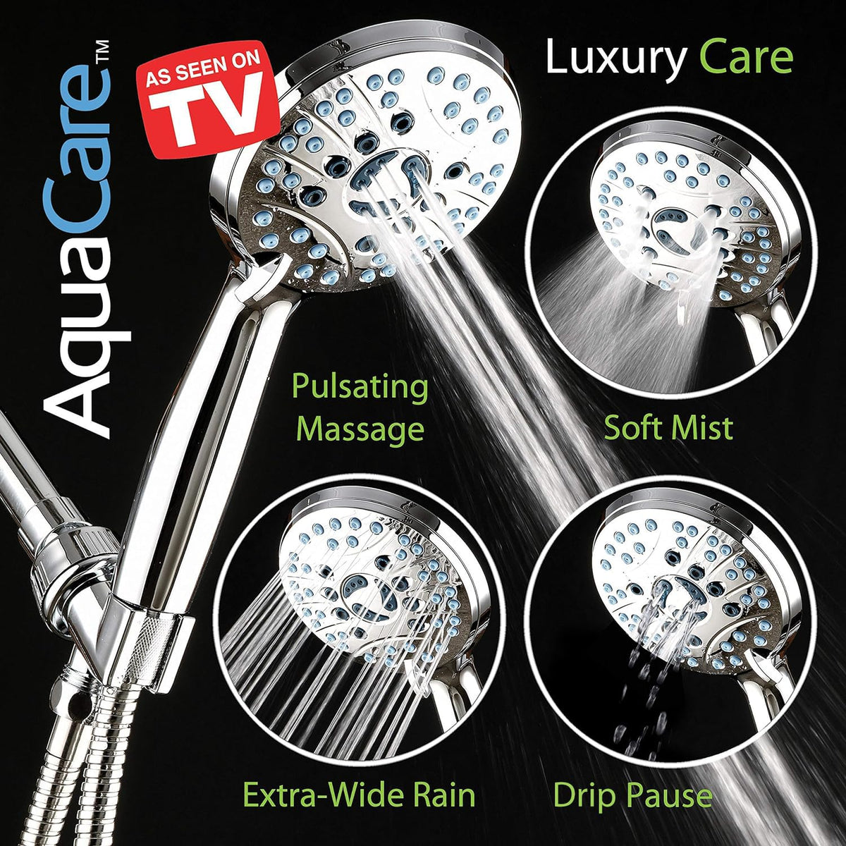 AquaCare High Pressure 8-Mode Handheld Shower Head - Anti-Clog Nozzles, Built-in Power Wash to Clean Tub, Tile & Pets, Extra Long 6 ft. Stainless Steel Hose, Wall & Overhead Brackets 🍁 All In One Marketplace Canada