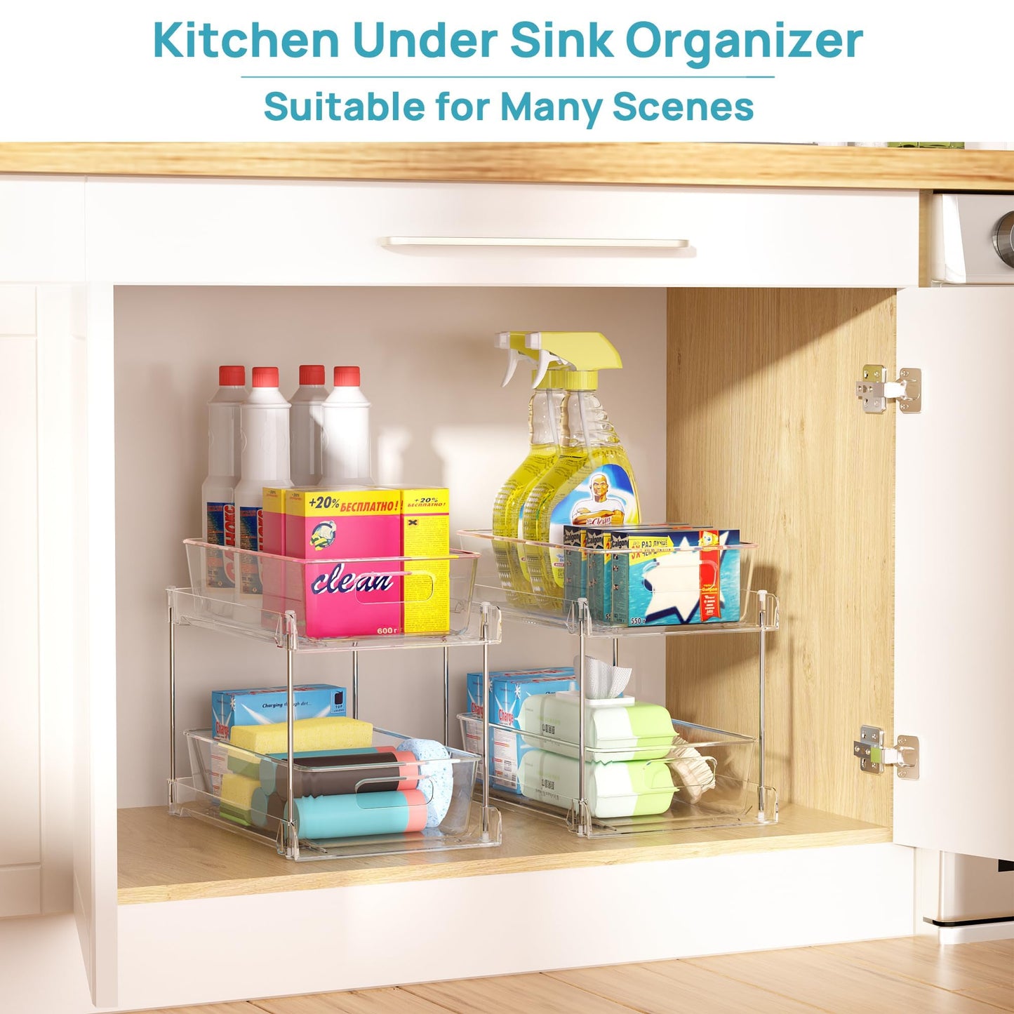 2 Tier Bathroom Storage Organizer, Vtopmart 4 Pack Clear Under Sink Organizers Vanity Counter Storage Container, Medicine Cabinet Drawers Bins, Pull-Out Organization with Track for Pantry, Kitchen 🍁 All In One Marketplace Canada