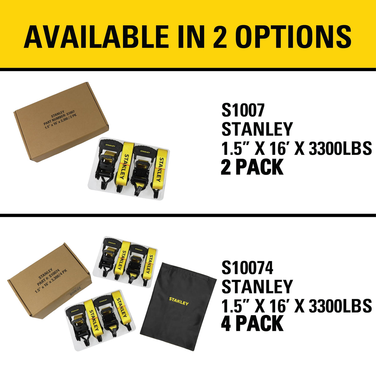 Stanley S1007 Black/Yellow 1.5" x 16' Ratchet Tie Down Straps - Heavy Cargo Securing (3,300 lbs Break Strength), 2 Pack 🍁 All In One Marketplace Canada
