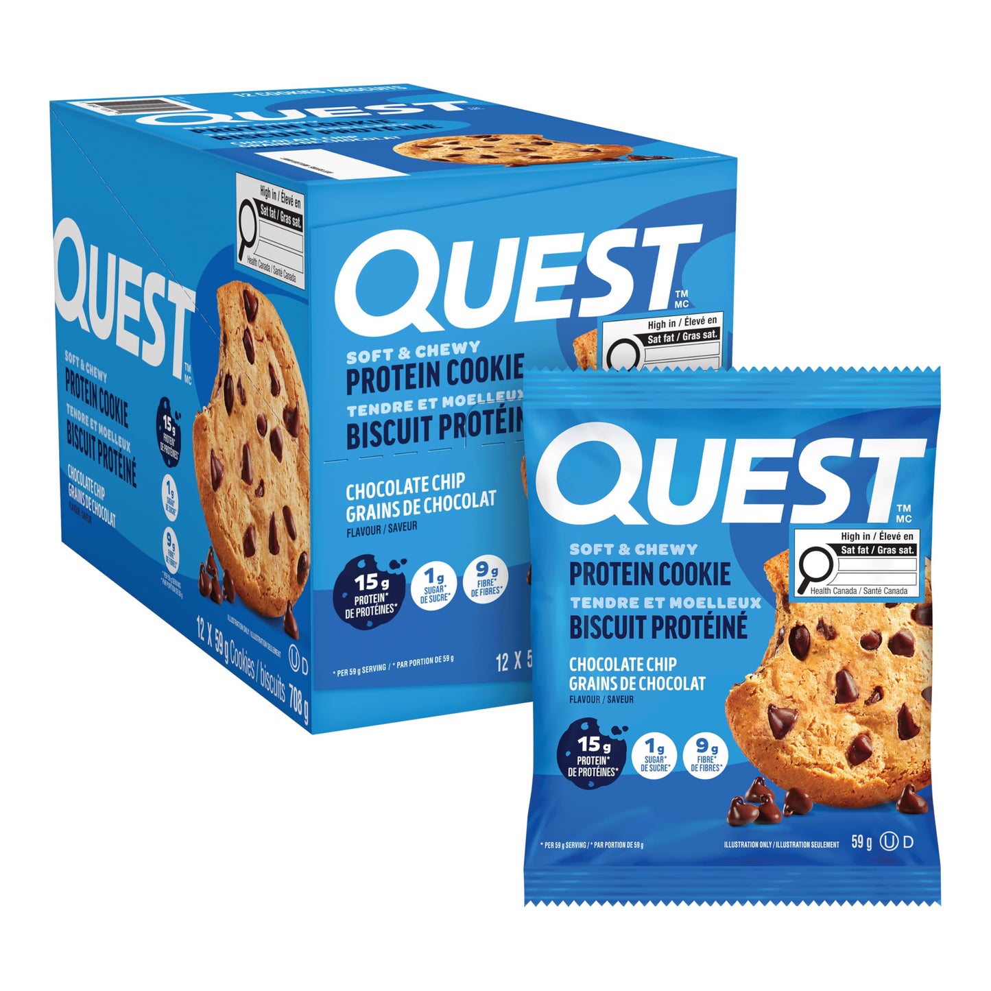 Quest Nutrition Chocolate Chip Protein Cookie, High Protein, High Fibre, Low Sugar, Keto Friendly, 15g Protein, 1g Sugar, 12ct 🍁 All In One Marketplace Canada