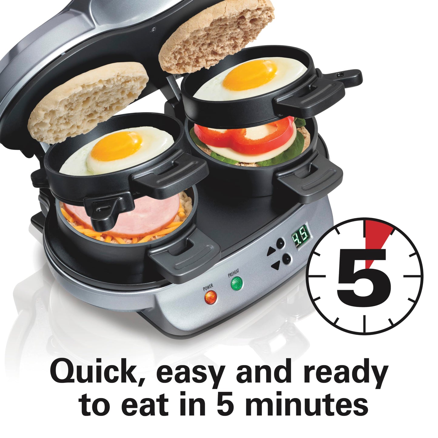 Hamilton Beach Dual Breakfast Sandwich Maker with Audible Timer, Ready in 5 Minutes, Removable Dishwasher Safe PFAS-Free Non-Stick Egg Cooker Ring, Silver (25490MNC) 🍁 All In One Marketplace Canada