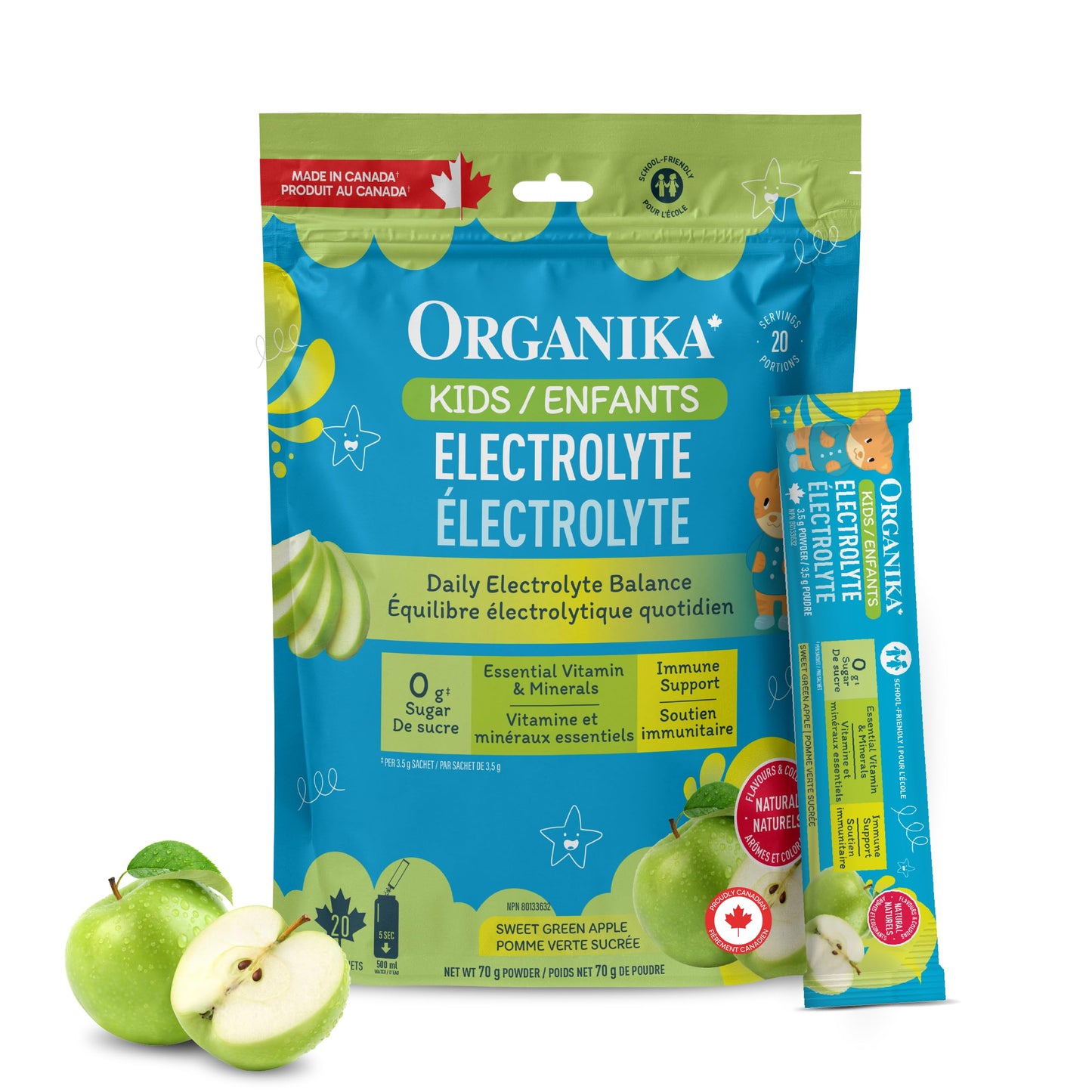 Organika Kids Electrolytes Powder Sticks - Sugar-Free Hydration + Immune support with 100% of daily Vitamin C, Minerals and Prebiotic Fibre | Green Apple Flavour - 3.5g x 20 sachets 🍁 All In One Marketplace Canada