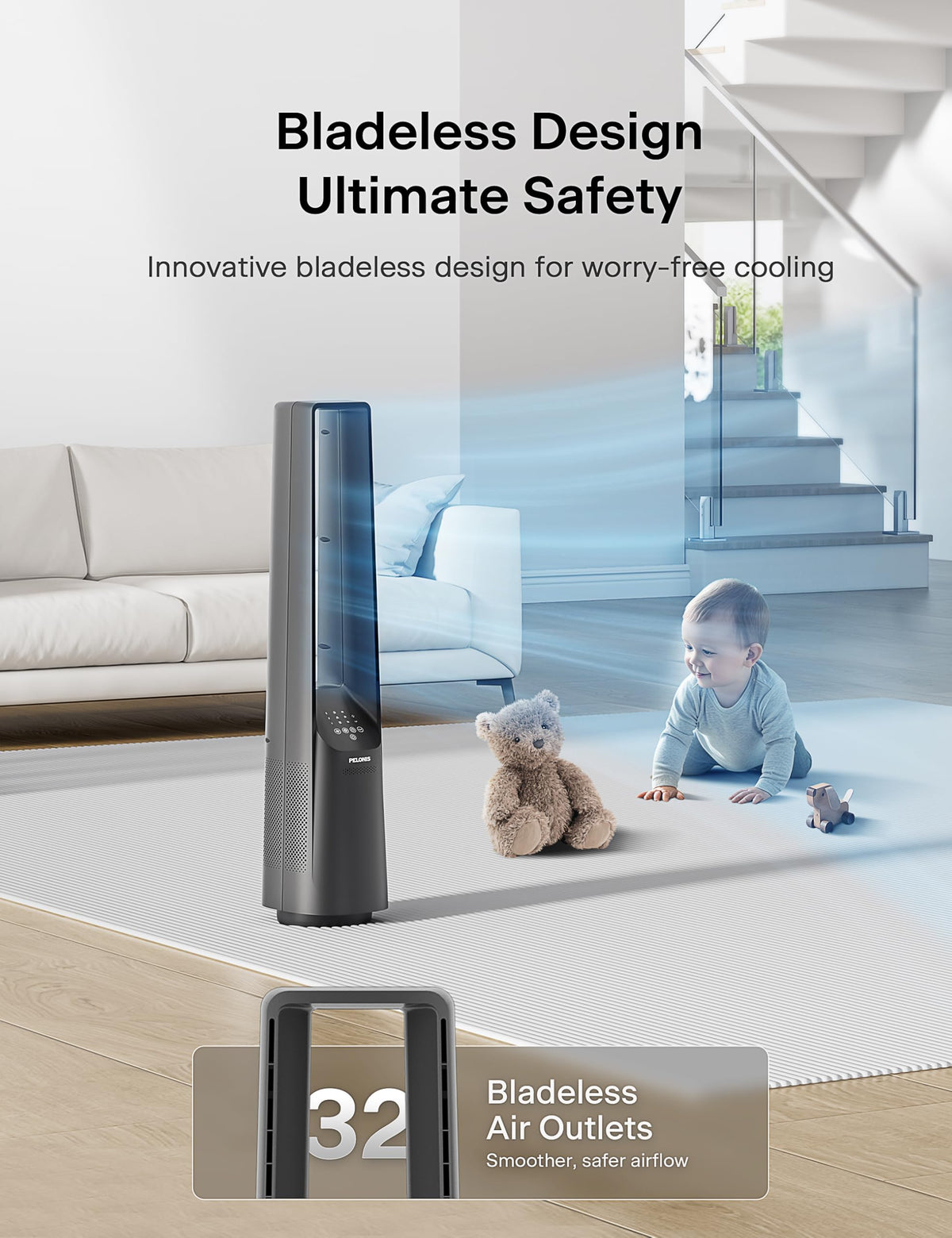 PELONIS 40" Bladeless Tower Fan - Ultra Quiet (20 dB) DC Motor, 6 Speeds, 4 Modes, Remote Control, 7H Timer, 90° Oscillation, Safe for Kids & Pets, Ideal for Bedroom, Home, Office 🍁 All In One Marketplace Canada