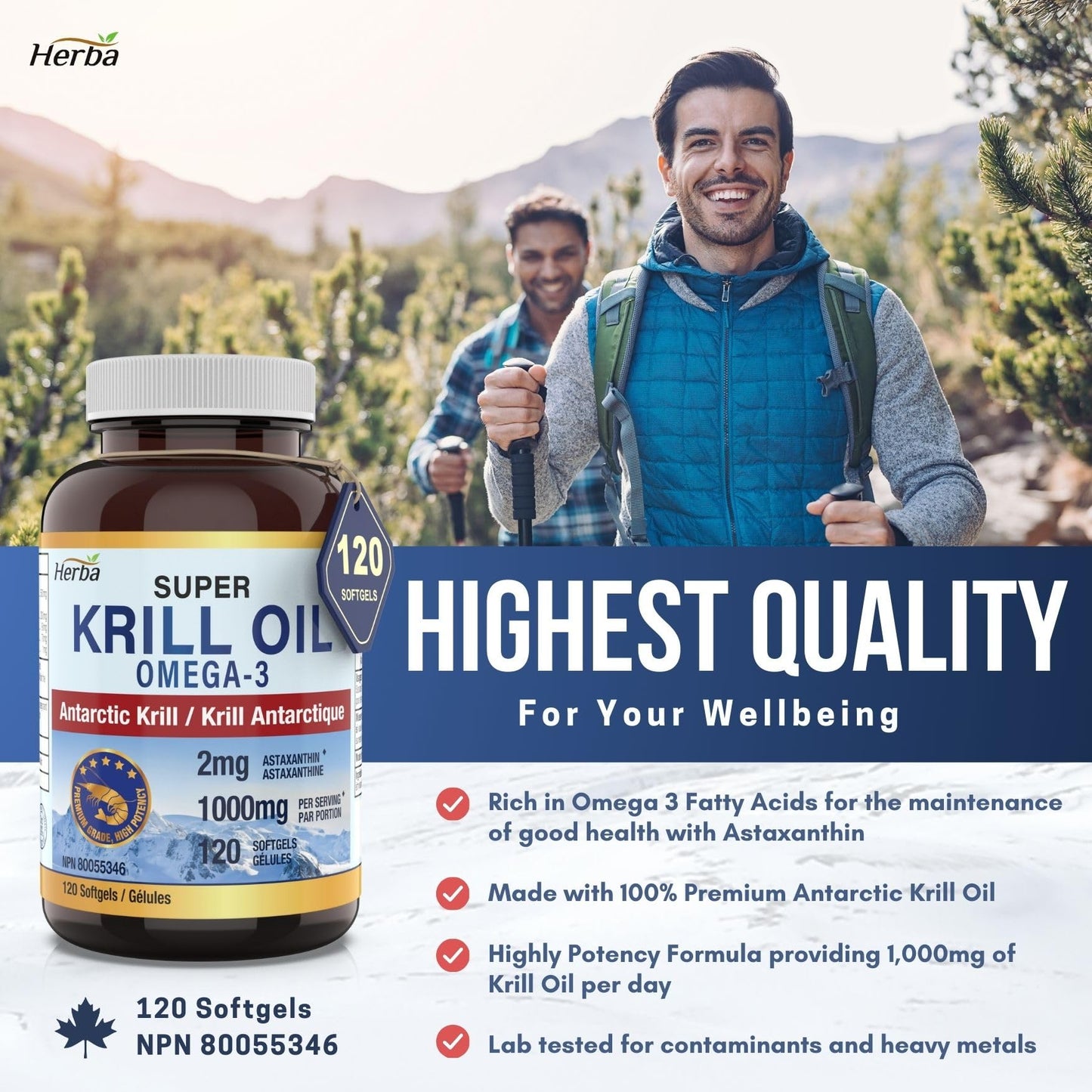 Herba Krill Oil Omega 3 Supplements - 120 Softgels | 1000mg of Antarctic Krill Oil Per Day (2 softgels 500mg each) | Source of Omega 3 Fatty Acids | High Astaxanthin | Premium Grade - 500mg per Soft Gel | Made in Canada 🍁 All In One Marketplace Canada