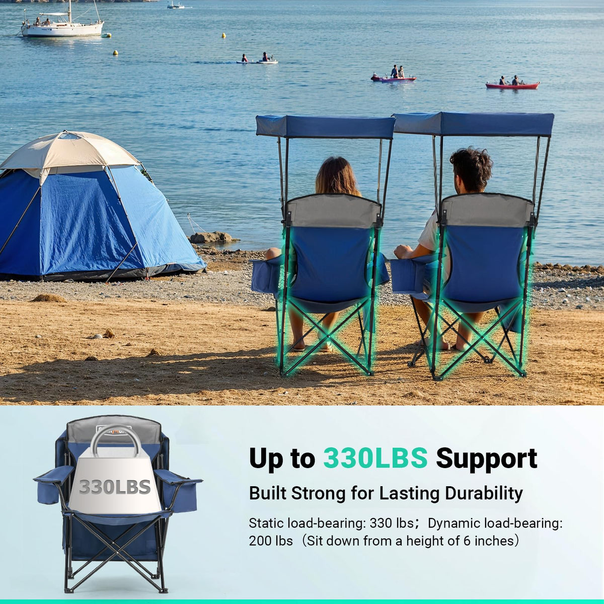 Overmont Beach Chair with Canopy Shade and Cooler - Support 330lbs Oversized Folding Camping Chair with Umbrella- Cup Holder - Cool Bag - Lounge Chair for Sand Travel Outdoor Pool Sports Blue 2pcs 🍁 All In One Marketplace Canada