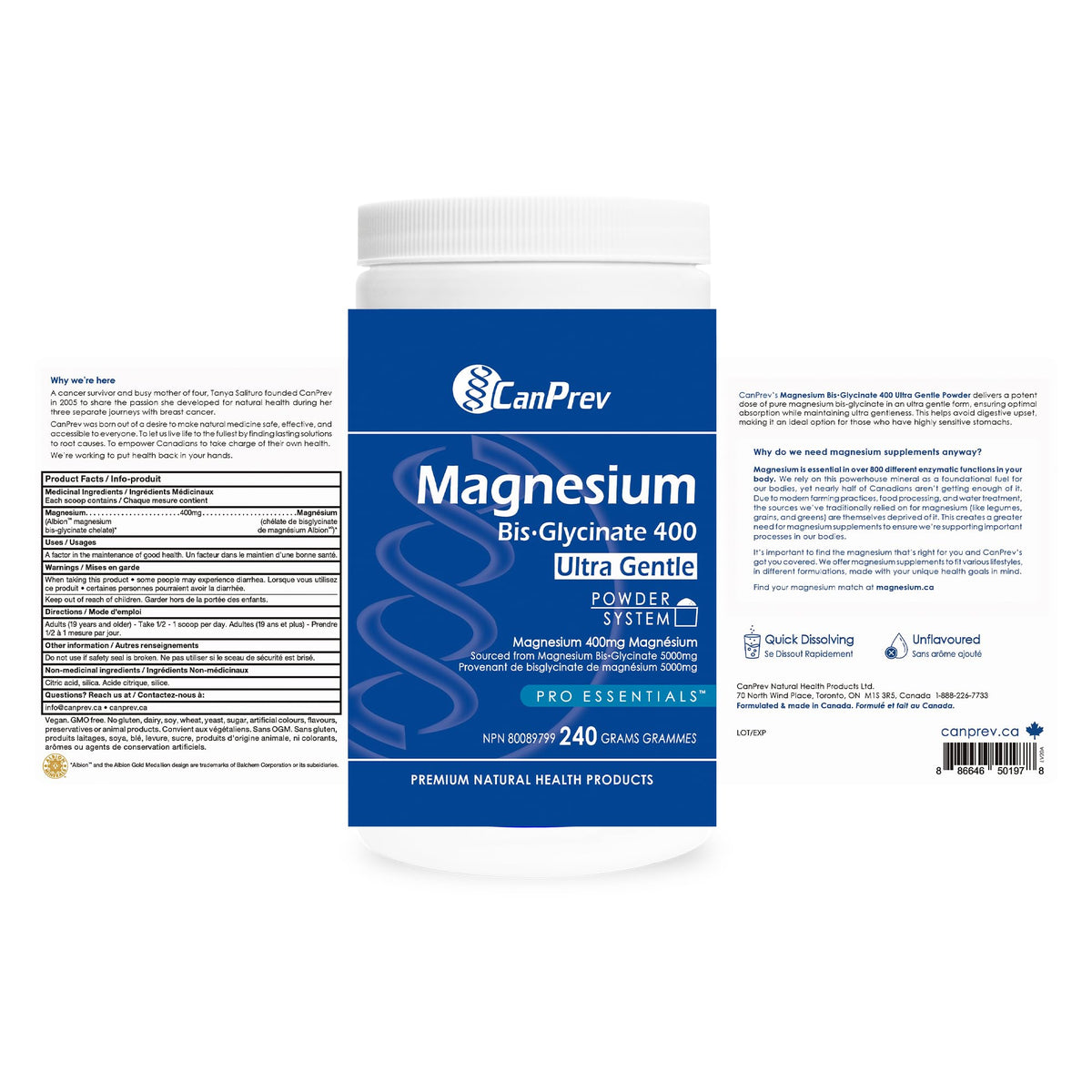 CanPrev Magnesium Bisglycinate Ultra Gentle 240g Powder 48-Servings - 400mg of Pure Elemental Magnesium Per Scoop - Chelated Complex - Muscle Health, Calm, Relaxation, Bone Health and Cramp Relief 🍁 All In One Marketplace Canada