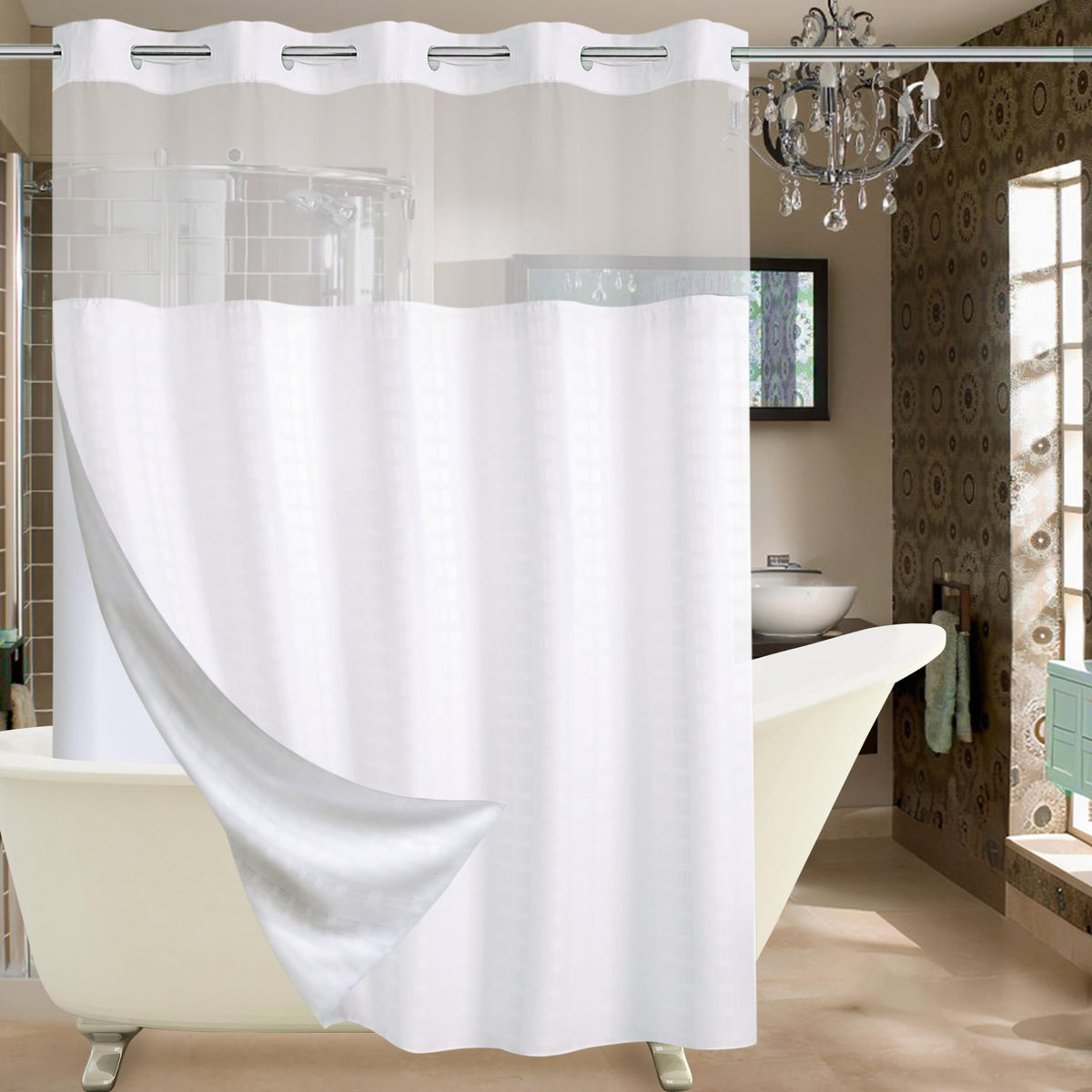 Conbo Mio Hotel Style Fabric Shower Curtain with Snap in Liner for Bathroom Machine Washable Waterproof Repellent Shower Curtain (Check-White, 71" W x 74" H) 🍁 All In One Marketplace Canada