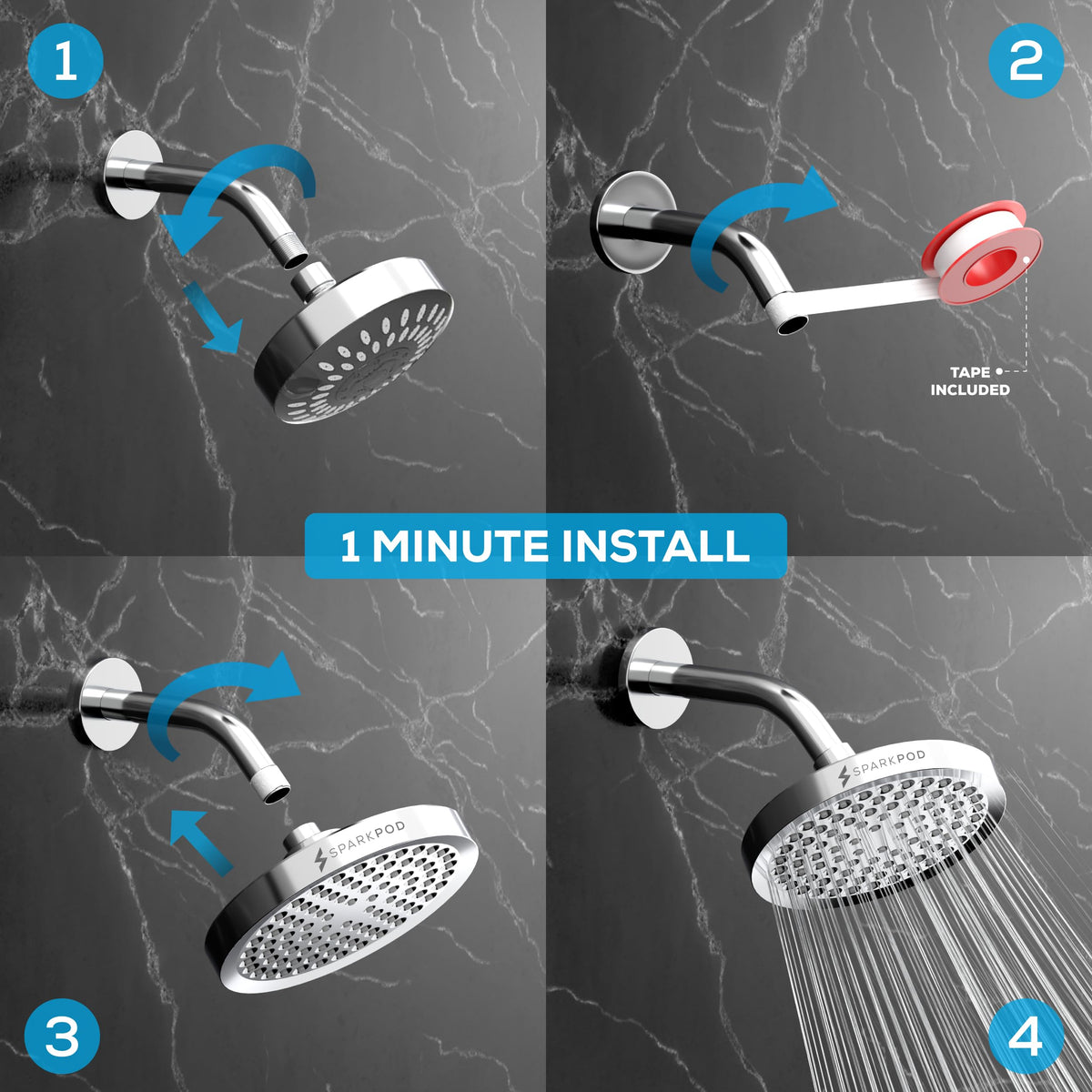 SparkPod Shower Head - High Pressure Rain - Premium Quality Luxury Design - 1-Min Install - Easy Clean Adjustable Replacement for Your Bathroom Shower Heads (Luxury Polished Chrome, 6 Inch Round) 🍁 All In One Marketplace Canada