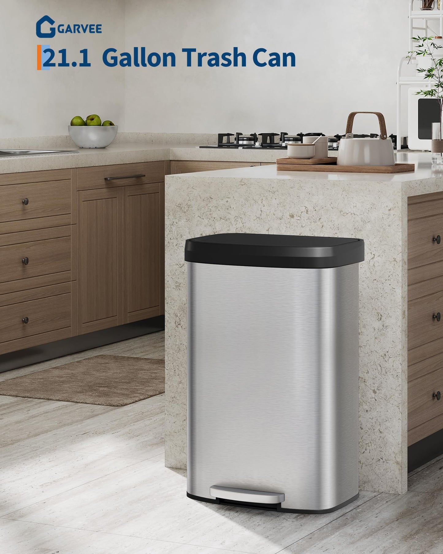 Garvee 21 Gallon / 80 Liter Stainless Steel Trash Can with Lid, Large Garbage Can for Kitchen, Rustproof Step-on Kitchen Metal Trash Bin with Liner Rim, Rear Handle, Soft Close Plastic Lid, Silver 🍁 All In One Marketplace Canada