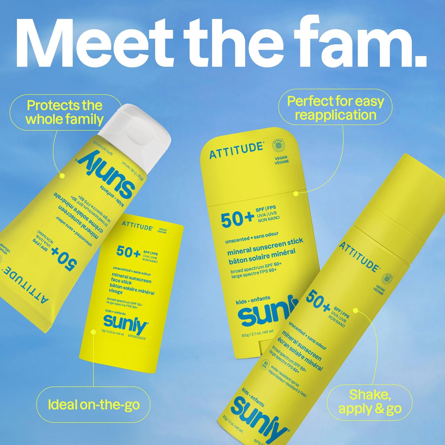 ATTITUDE Kids Mineral Sunscreen Stick SPF 50, Broad Spectrum Zinc Oxide, EWG Verified, Non-Nano, Mess-Free Stick for Face & Body, Lightweight Non-Greasy, Vegan, Unscented, 60 grams 🍁 All In One Marketplace Canada