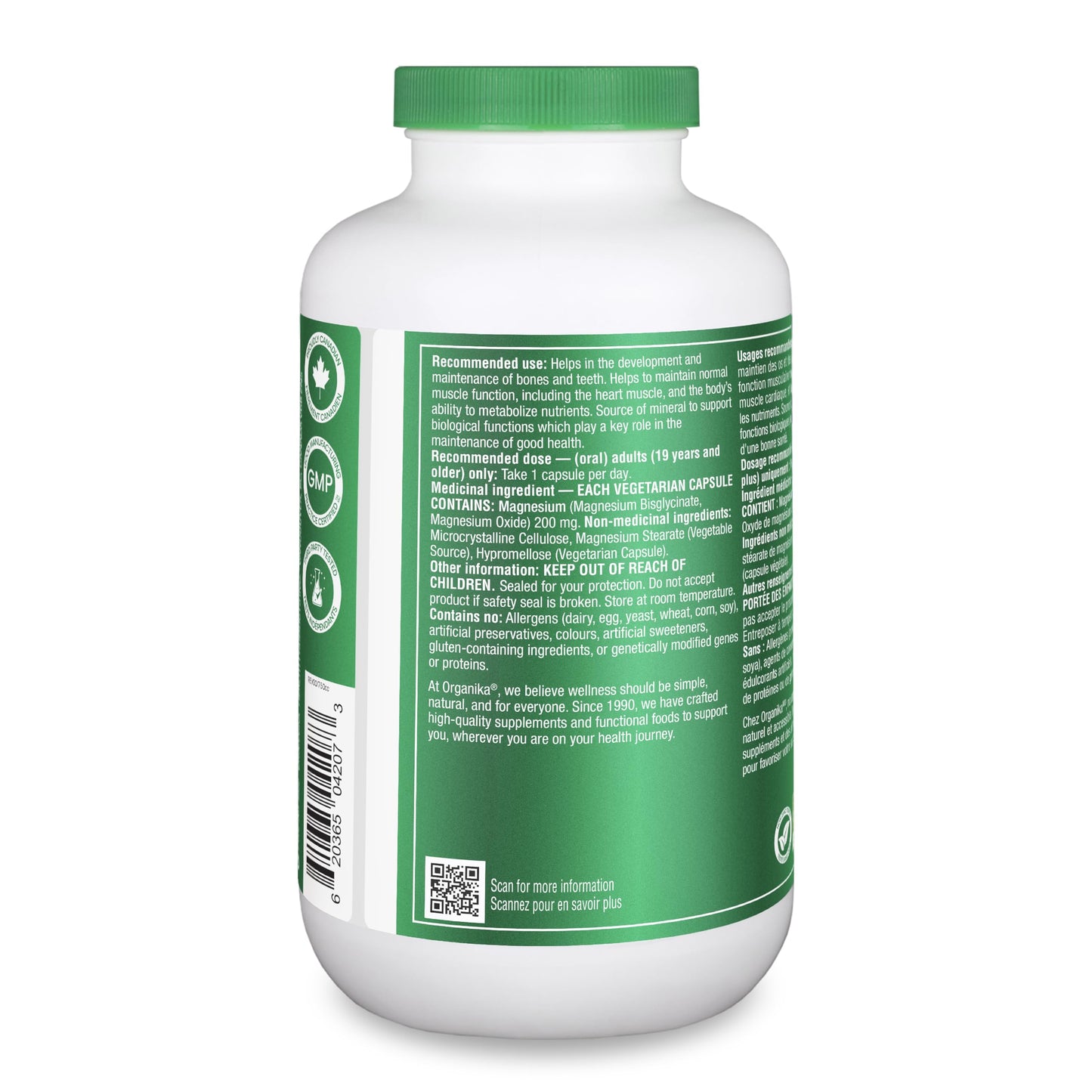 Organika Canadian-Made Magnesium Bisglycinate - 200mg, High Absorption, Muscle Recovery, Heart Support, 300vcaps 🍁 All In One Marketplace Canada