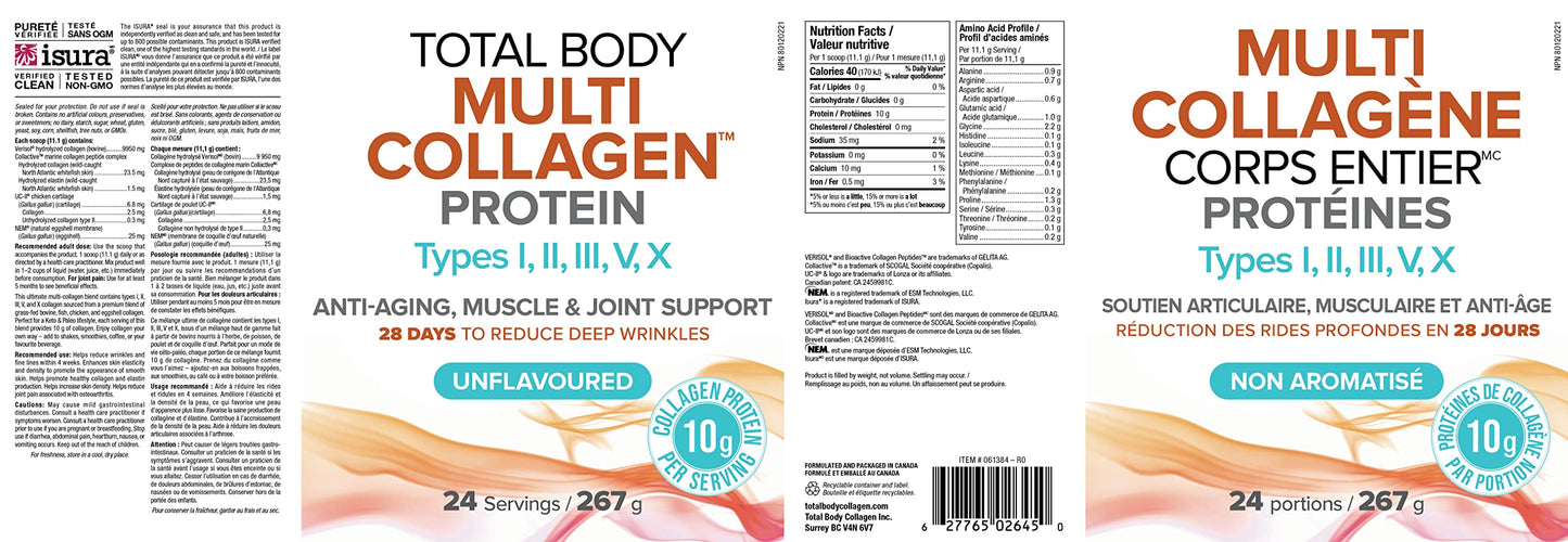Natural Factors Total Body Multi Collagen Protein, 267g, Unflavoured, 10g of Hydrolyzed Collagen per Scoop, 24 Servings, Combines 5 Types of Collagen, Anti-Aging, Muscle & Joint Support, 28 Days to Reduce Wrinkles, Keto & Paleo Friendly, Proudly Canadian