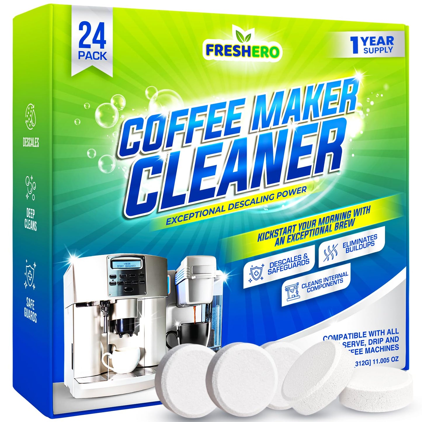 Freshero Coffee Machine Cleaner & Descaler Tablets – 24 Count, Compatible With Keurig, Breville, Ninja, Delonghi, Miele & Espresso Machines, Universal Cleaning Tabs for Coffee Maker Pots (24.0) 🍁 All In One Marketplace Canada