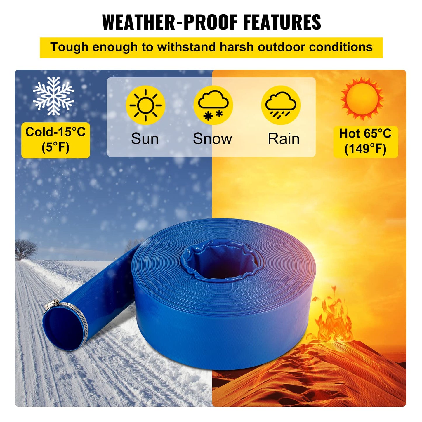 VEVOR Discharge Hose, 1-1/2" x 100', PVC Fabric Lay Flat Hose, Heavy Duty Backwash Drain Hose with Clamps, Weather-Proof & Burst-Proof, Ideal for Swimming Pool & Water Transfer, Blue 🍁 All In One Marketplace Canada