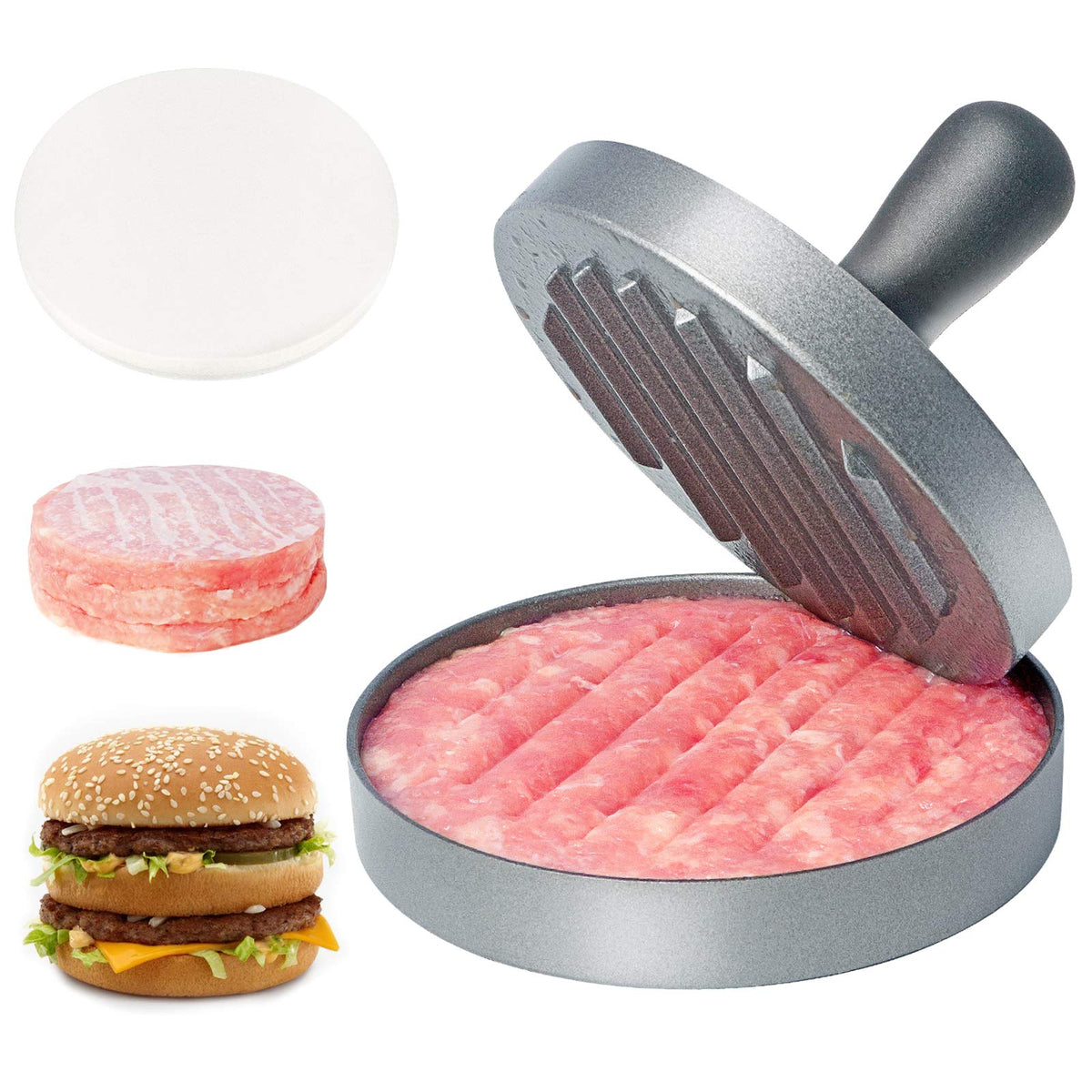 Asdirne Hamburger Press Patty Maker, Food Grade Aluminum Burger Press with ABS Handle, Non-Stick, Easy to Clean, with 50 Pcs Wax Patty Paper, 4.6" Diameter and 0.7" Depth 🍁 All In One Marketplace Canada