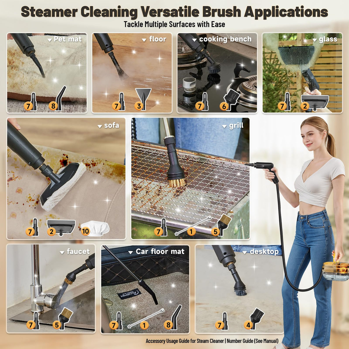 Gautye Steam Cleaner, 3 Level Adjustable Handle with 15 Accessories 🍁 All In One Marketplace Canada