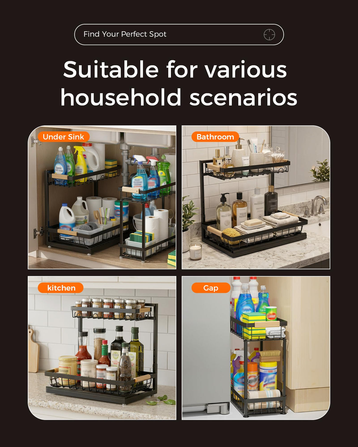Sevenblue 2 Pack Under Sink Organizer, Height Adjustable 2 Tier Under Sink Organizer Kitchen, Multi-Purpose Storage Shelf for Kitchen Bathroom Cabinet (Black, Large) 🍁 All In One Marketplace Canada
